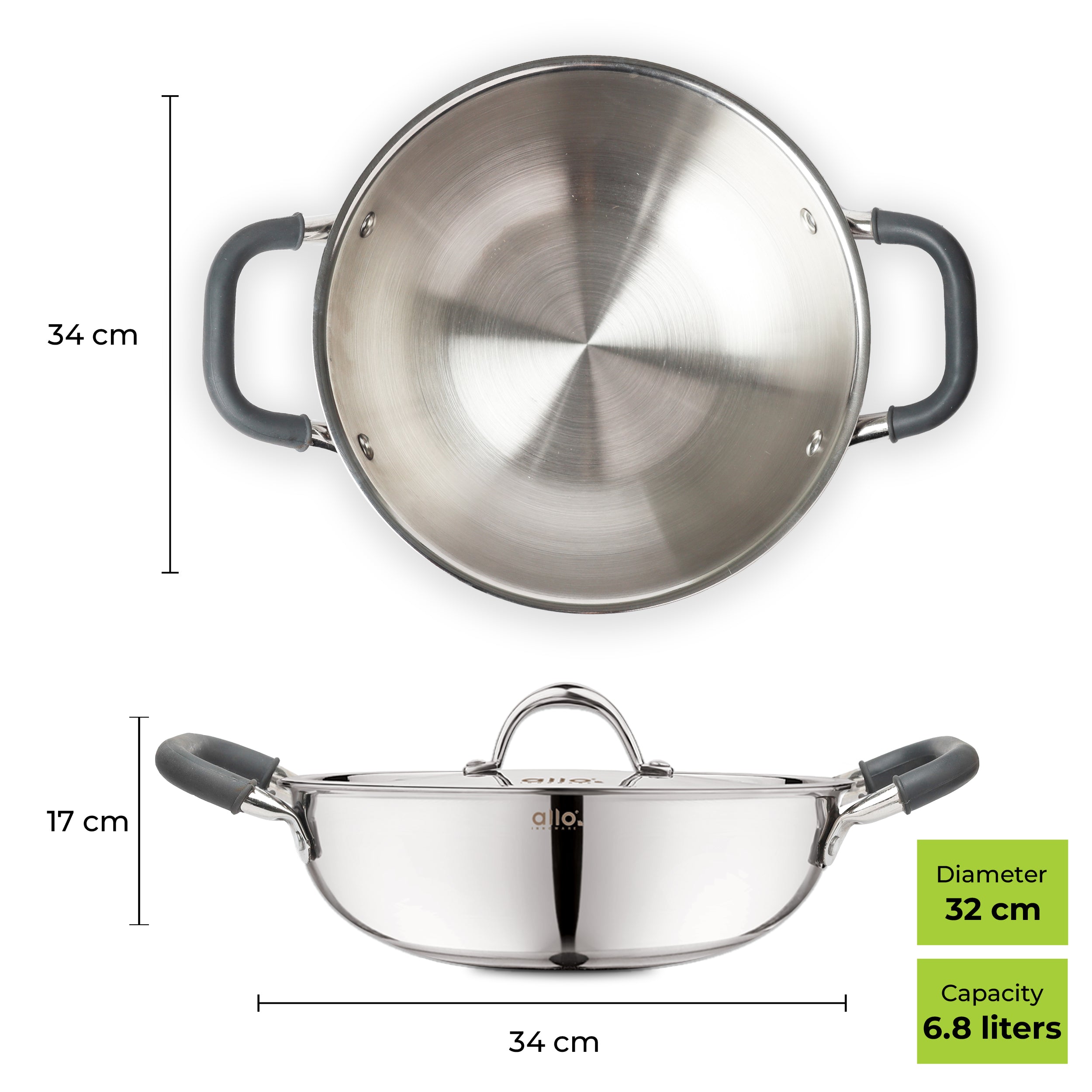6.8L Allo CookSafe TriPly Kadhai | Stainless Steel | With Stainless Steel Lid | Induction Friendly | 32cm