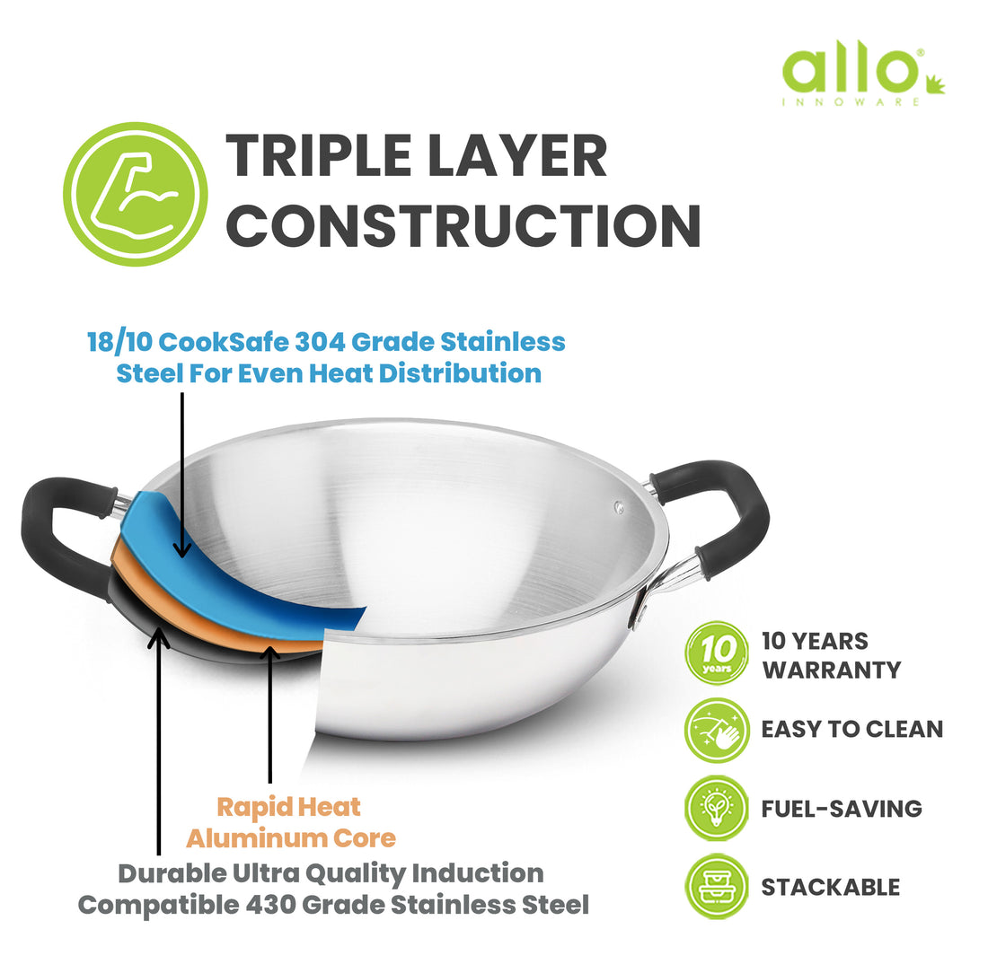 1.2L Allo CookSafe TriPly Kadhai | Stainless Steel | With Stainless Steel Lid | Induction Friendly | Naturally Non-stick | 18cm