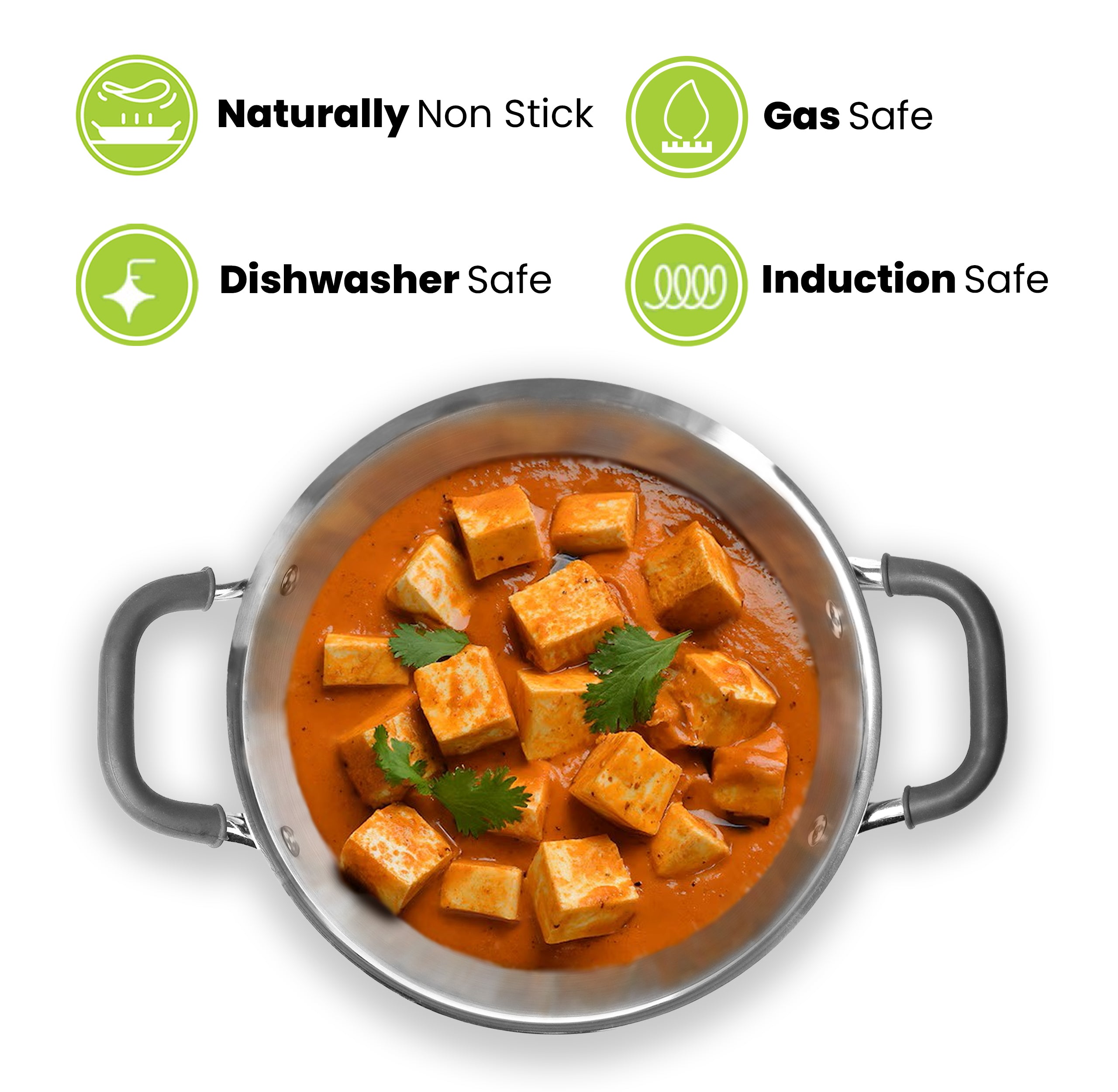 Allo CookSafe TriPly Stainless Steel Kadhai & Frypan 2pcs Combo Set of 2.7 Litres Kadhai with Lid and 1.5 litres Frypan without Lid - Induction Friendly - Naturally Non-Stick, 24Cm & 22Cm
