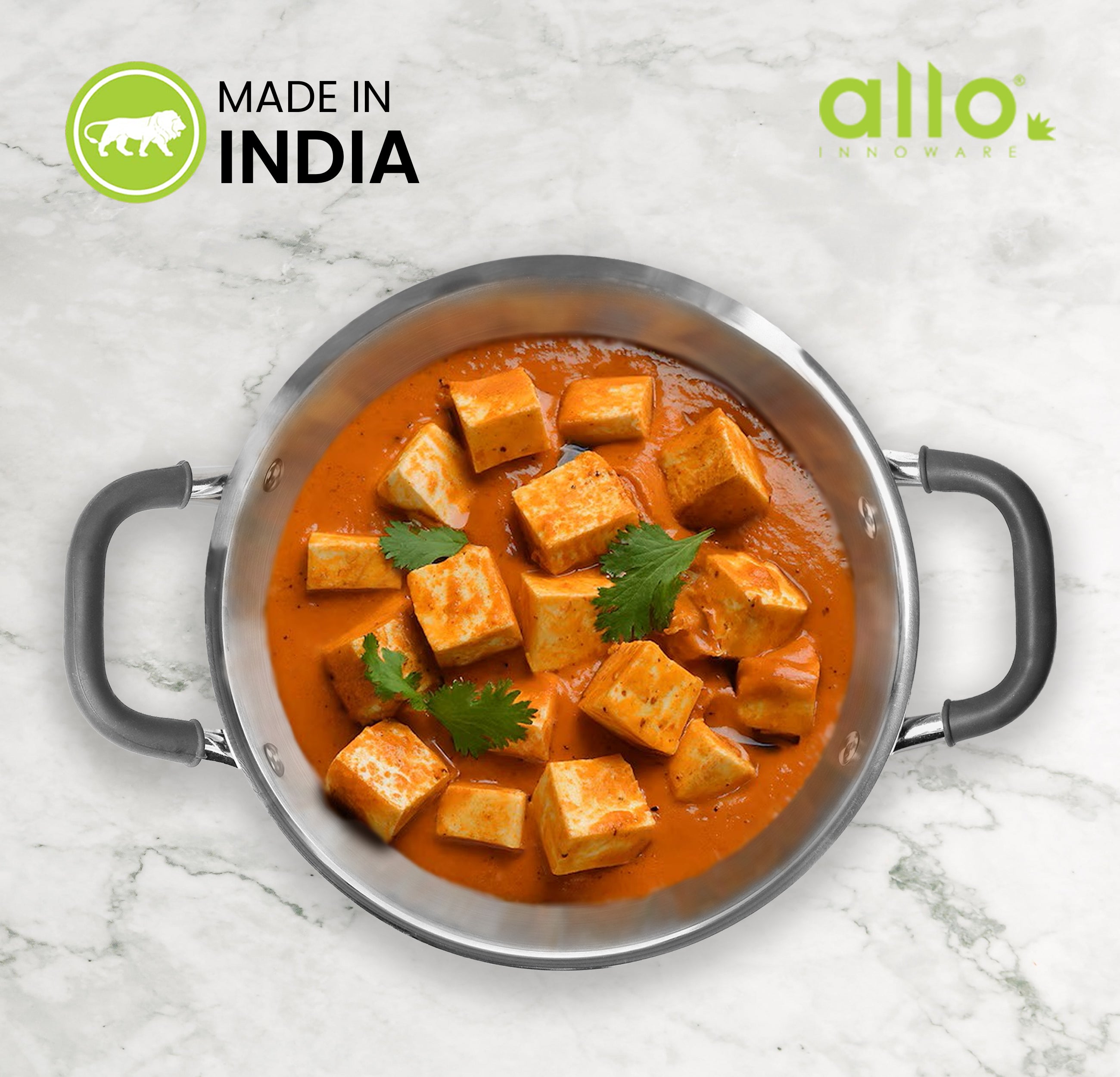 Allo CookSafe TriPly Stainless Steel Kadhai & Frypan 2pcs Combo Set of 2.7 Litres Kadhai with Lid and 1.5 litres Frypan without Lid - Induction Friendly - Naturally Non-Stick, 24Cm & 22Cm