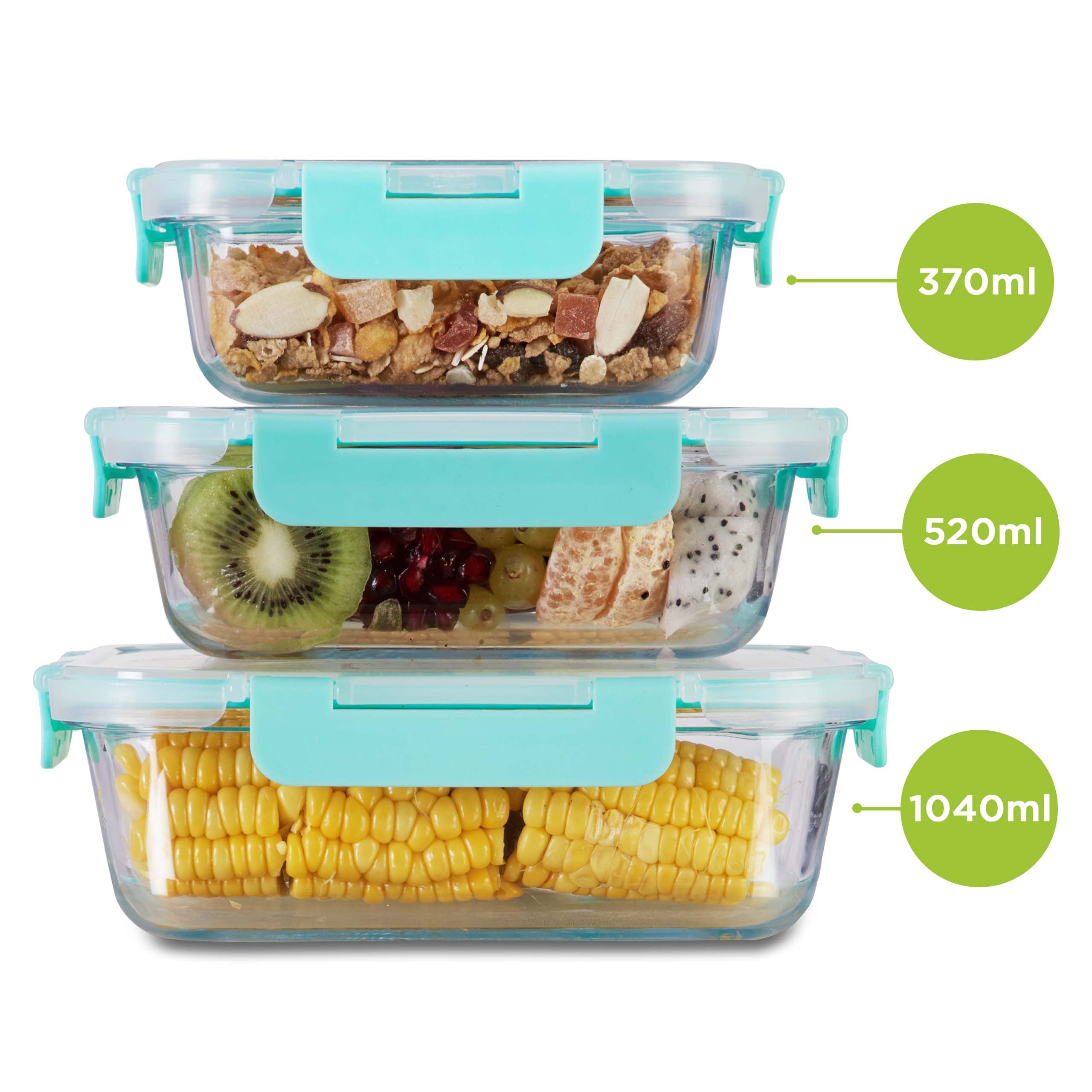 Allo FoodSafe Glass Containers with Lids with Break Free Lock, 450°C Oven Microwave Safe Containers, High Borosilicate Meal Prep Glass Food Storage Containers for Kitchen, Set of 3, 370ml, 520ml & 1040ml,Rectangle & Square