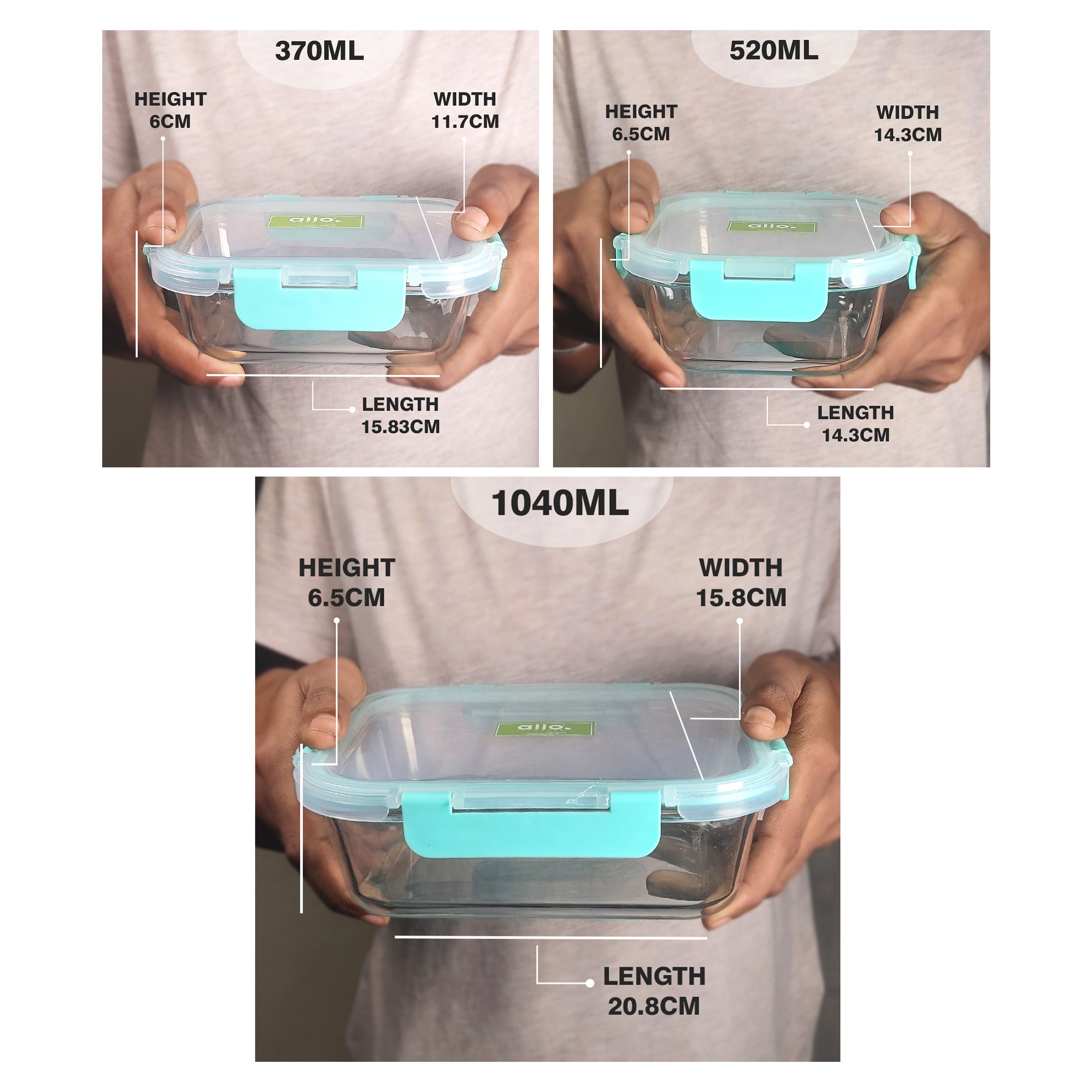 Allo FoodSafe Glass Containers with Lids with Break Free Lock, 450°C Oven Microwave Safe Containers, High Borosilicate Meal Prep Glass Food Storage Containers for Kitchen, Set of 3, 370ml, 520ml & 1040ml,Rectangle & Square