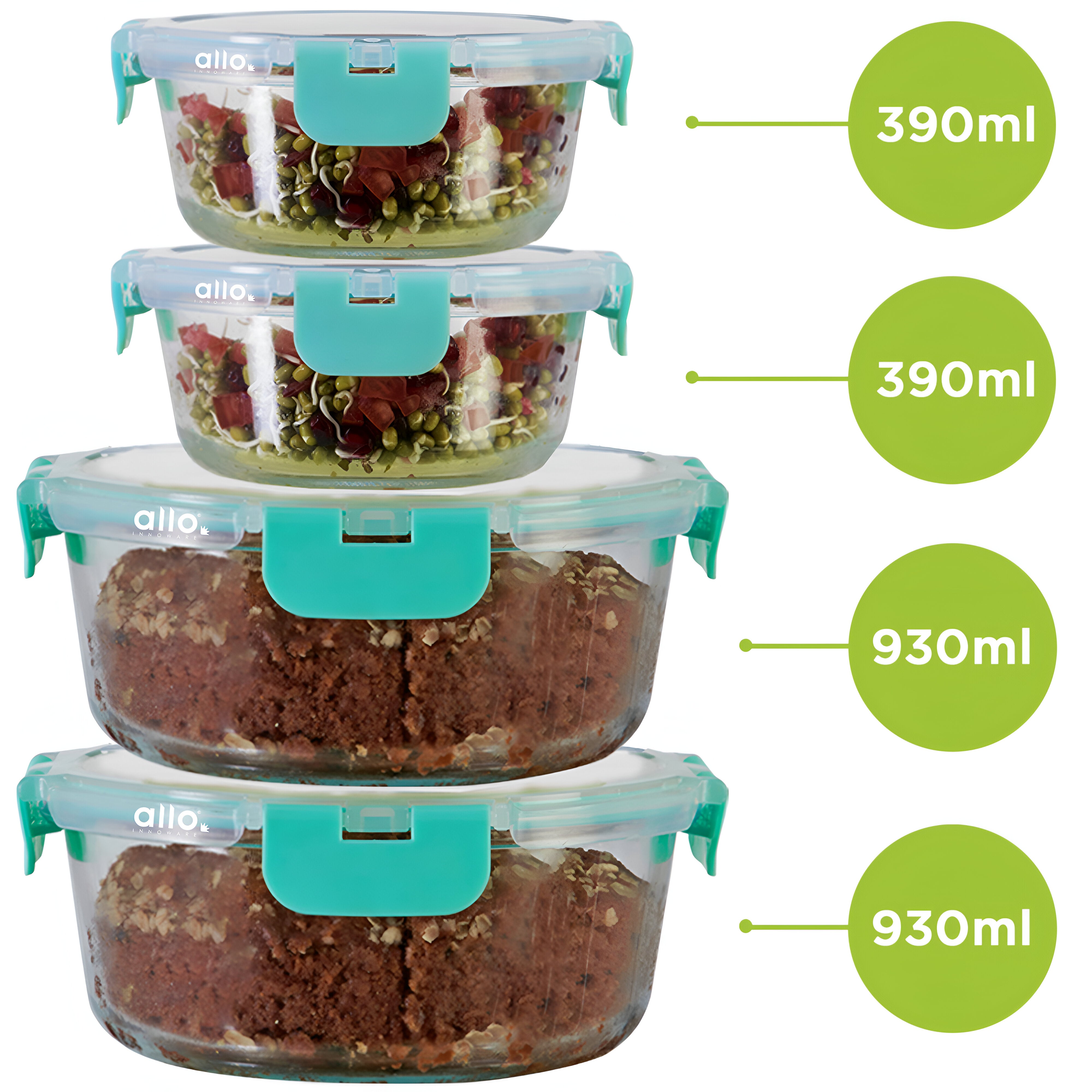 Allo Food Safe Glass Containers with Lids with Break Free Lock,Microwave Safe Containers, Borosilicate Meal Prep Glass Food Storage Containers for Kitchen, Set of 4 390ml, 930ml, Round.