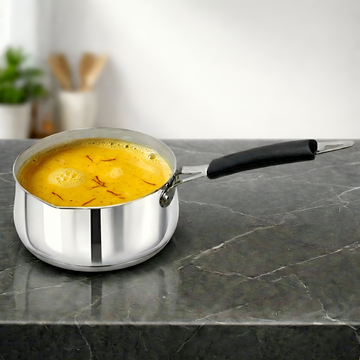 Allo Stainless Steel Heavy Bottom Sauce Pan with Glass Lid|Three Layer Impact Forged Bottom for Durability|Premium Look with Soft Touch Handles&Knob,Non-Stick,14cm 1.2L