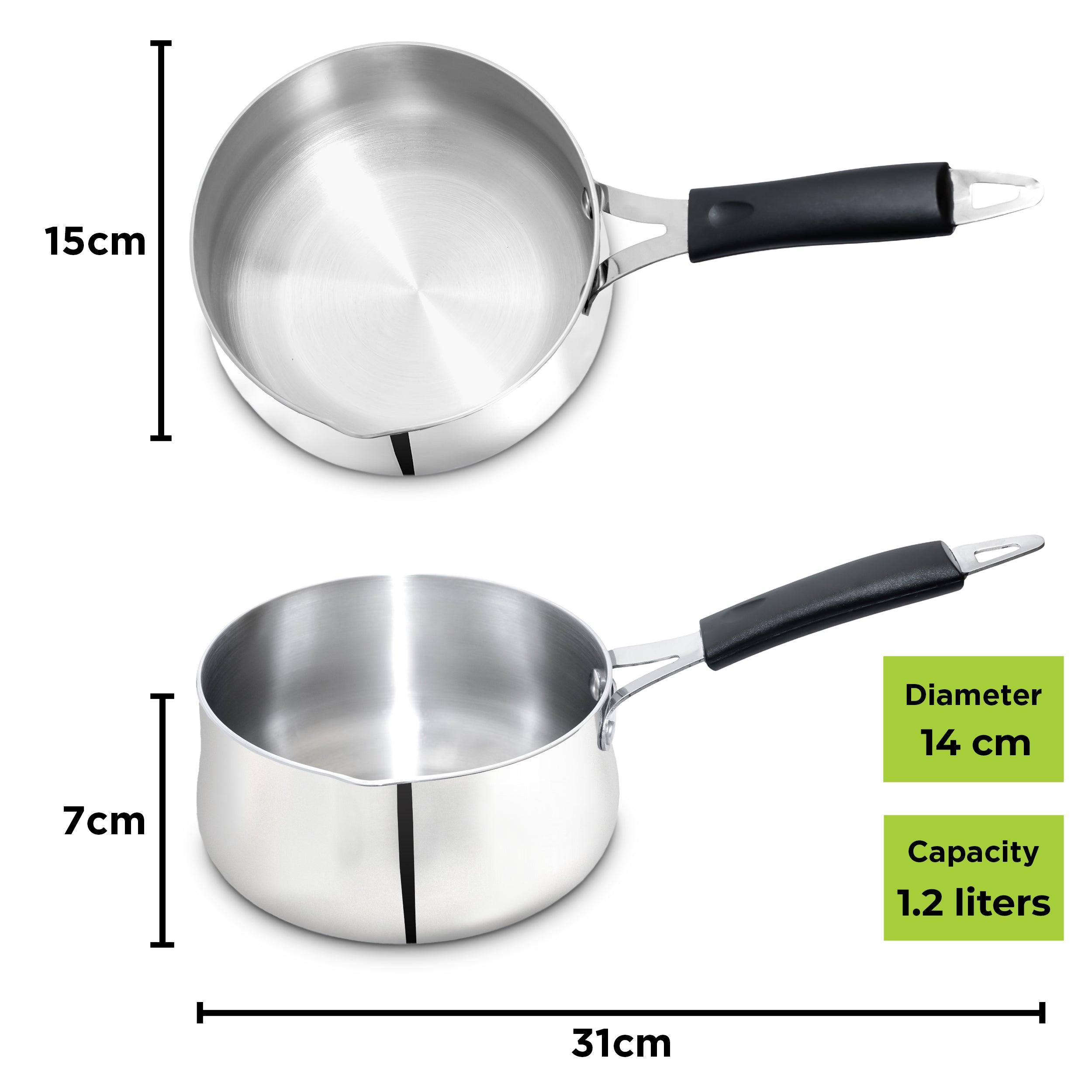 Allo Stainless Steel Heavy Bottom Sauce Pan with Glass Lid|Three Layer Impact Forged Bottom for Durability|Premium Look with Soft Touch Handles&Knob,Non-Stick,14cm 1.2L