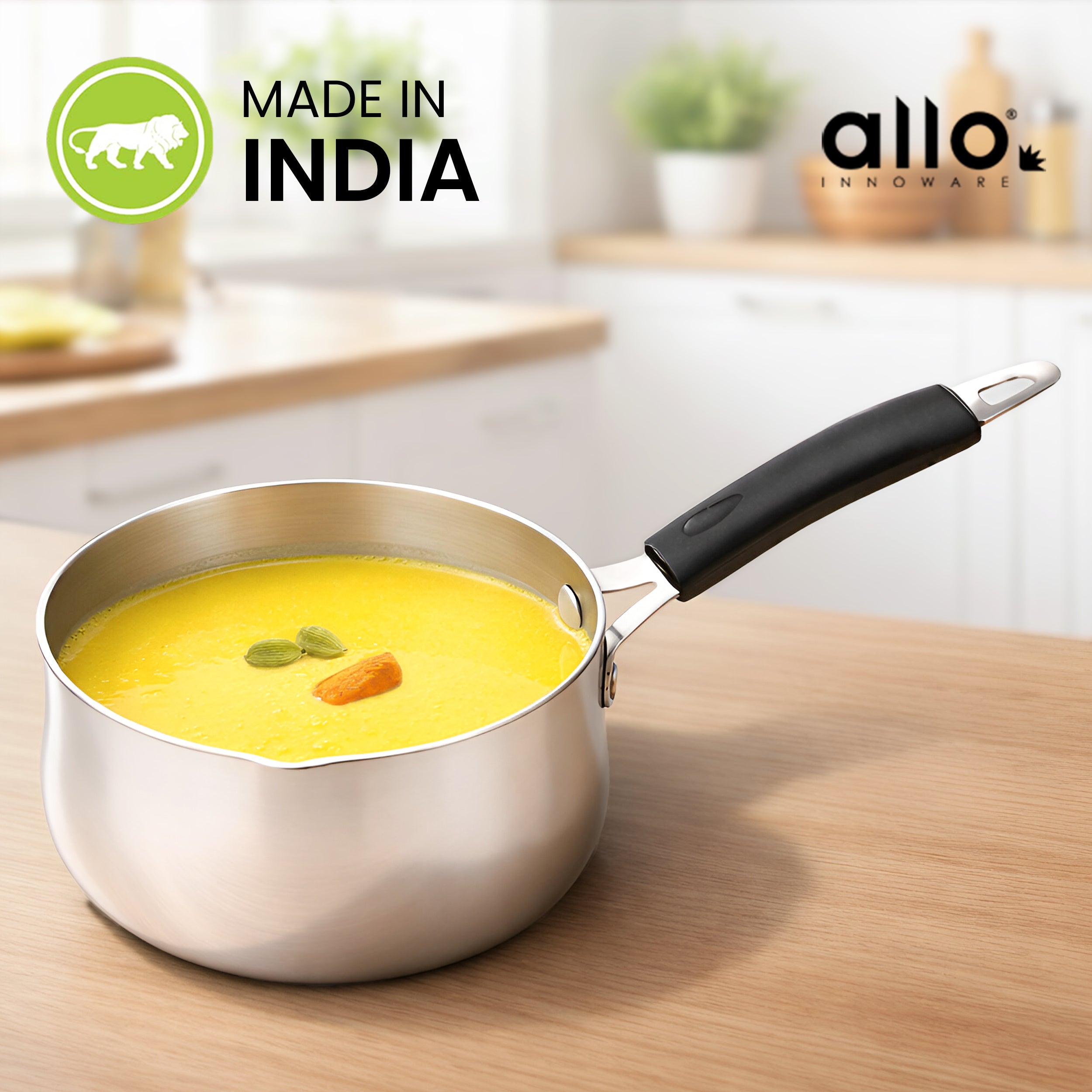 Allo Stainless Steel Heavy Bottom Sauce Pan with Glass Lid|Three Layer Impact Forged Bottom for Durability|Premium Look with Soft Touch Handles&Knob,Non-Stick,14cm 1.2L