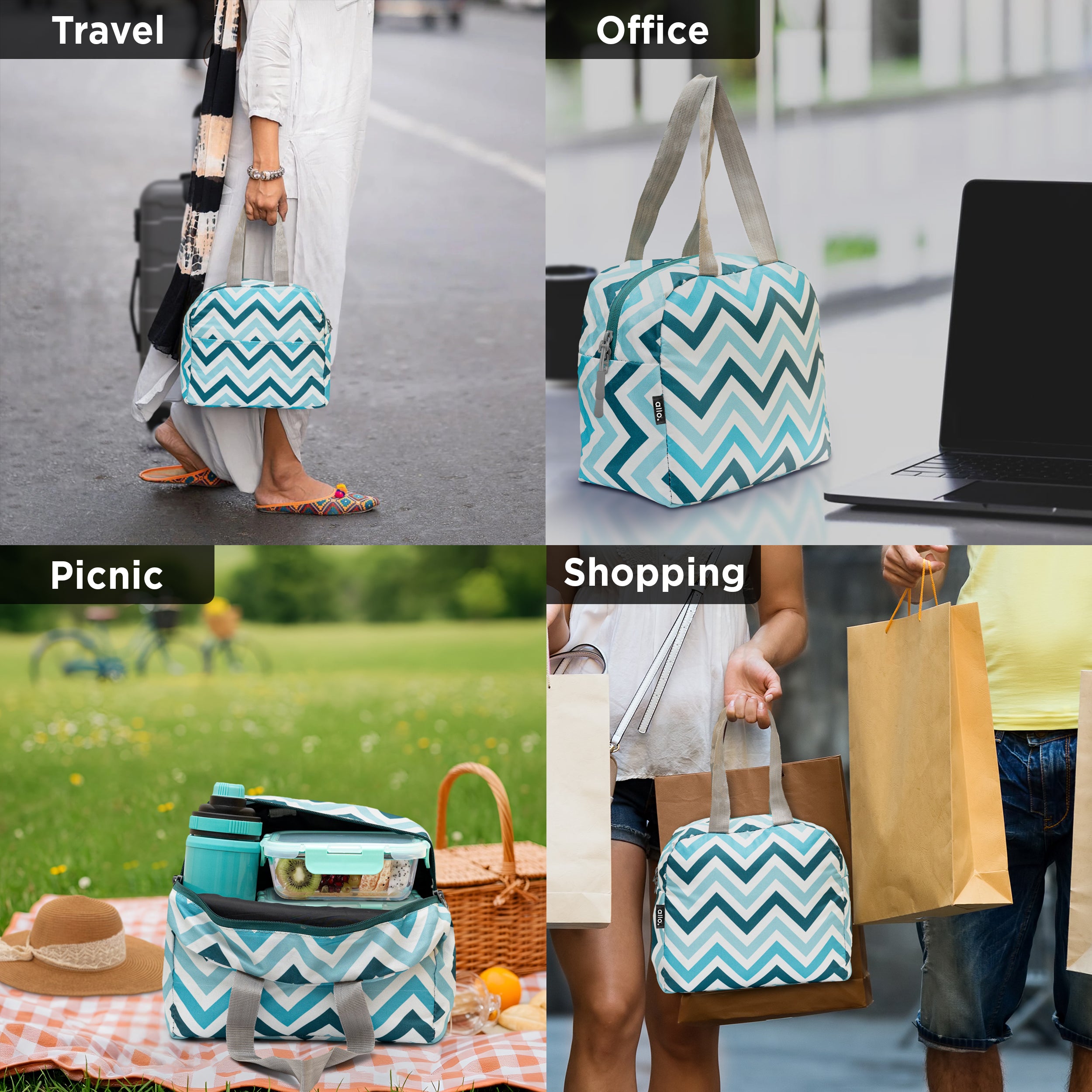 Allo Lunch Bag for Office, School & College, Washable Unisex Tiffin Bag for Men, Women & Kids, Lightweight, Leakproof, Water and Dust Resistant Multipurpose Lunch Bag, 5 litres, Blue Chevron