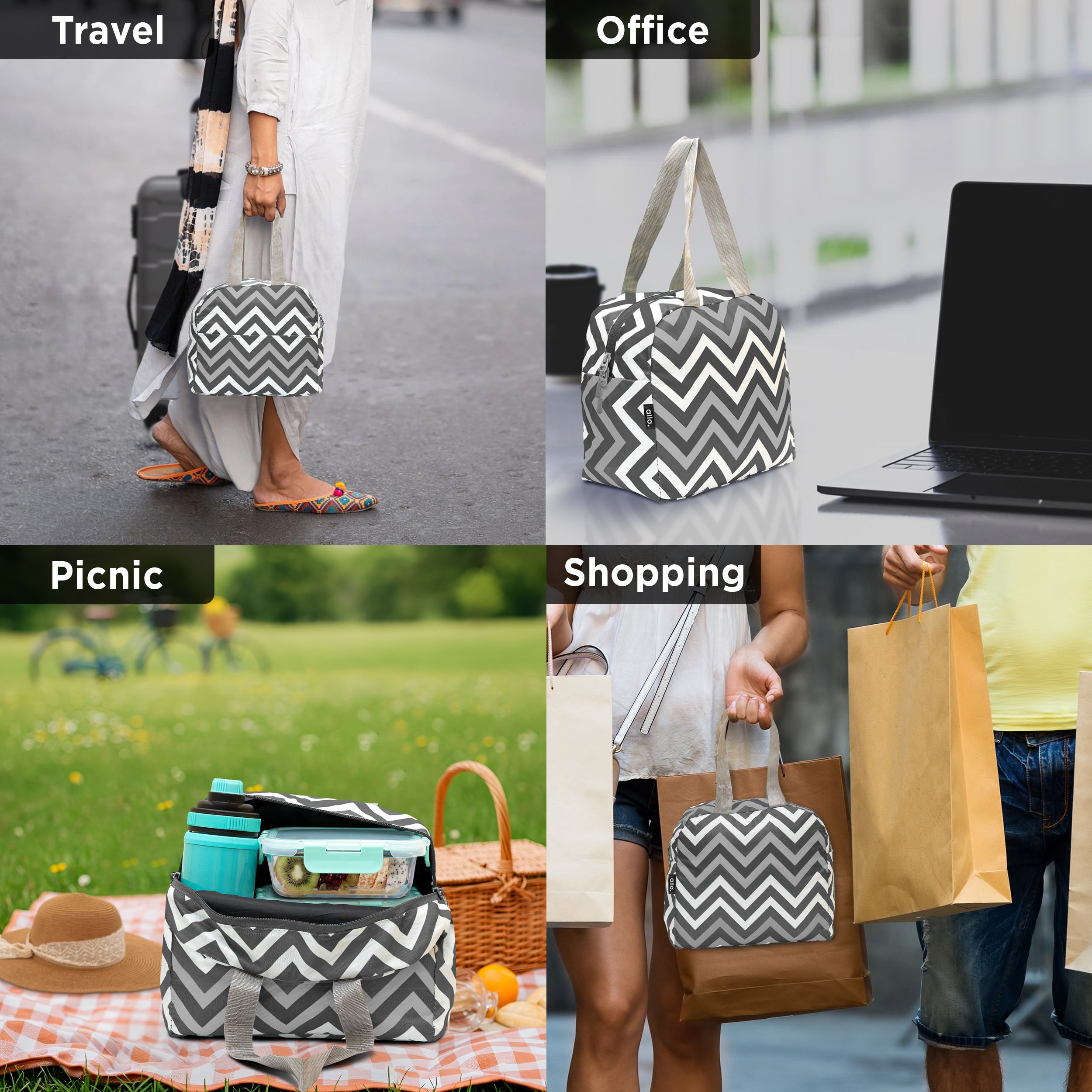 Allo Lunch Bag for Office, School & College, Washable Unisex Tiffin Bag for Men, Women & Kids, Lightweight, Leakproof, Water and Dust Resistant Multipurpose Lunch Bag, 5 litres, Grey Chevron