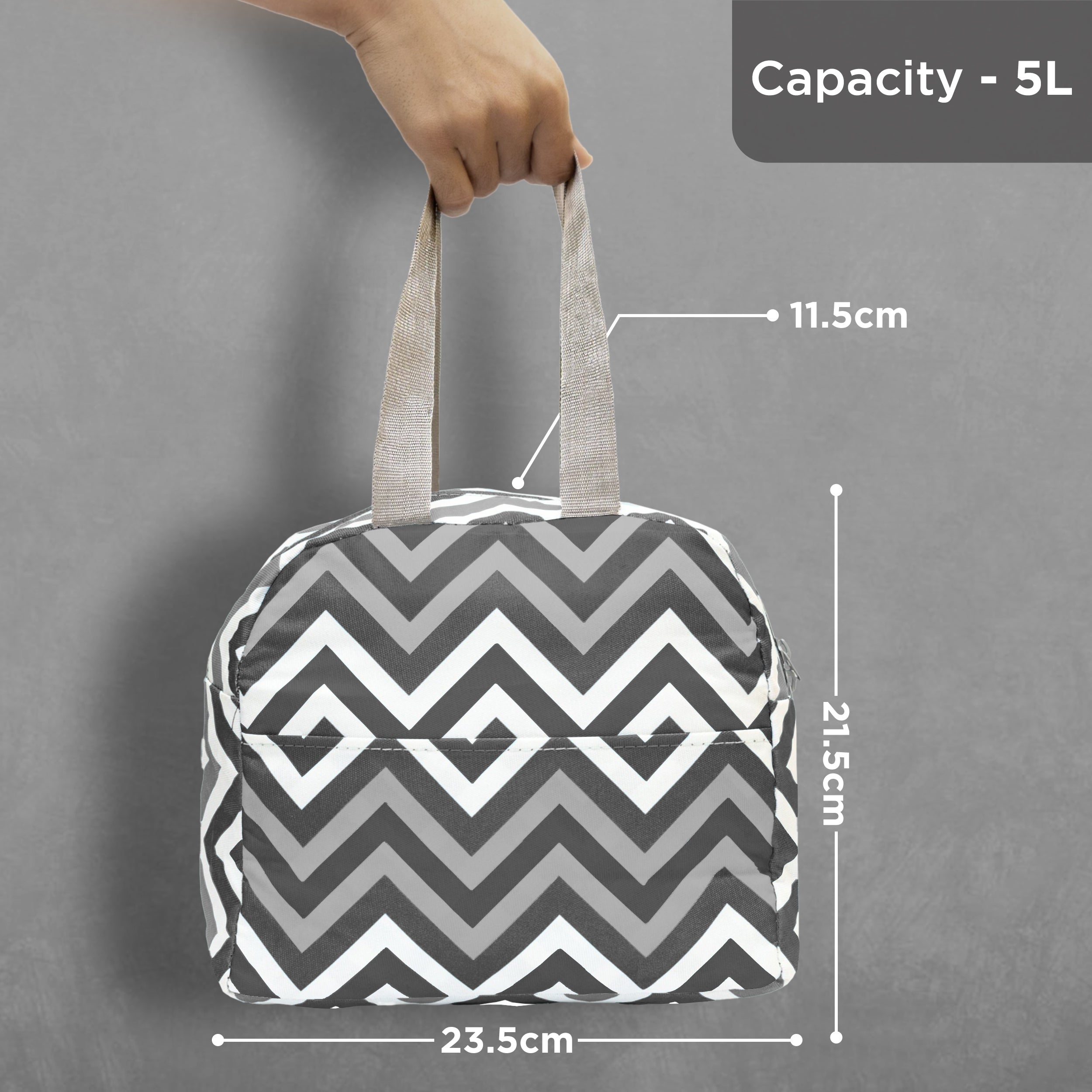 Allo Lunch Bag for Office, School & College, Washable Unisex Tiffin Bag for Men, Women & Kids, Lightweight, Leakproof, Water and Dust Resistant Multipurpose Lunch Bag, 5 litres, Grey Chevron
