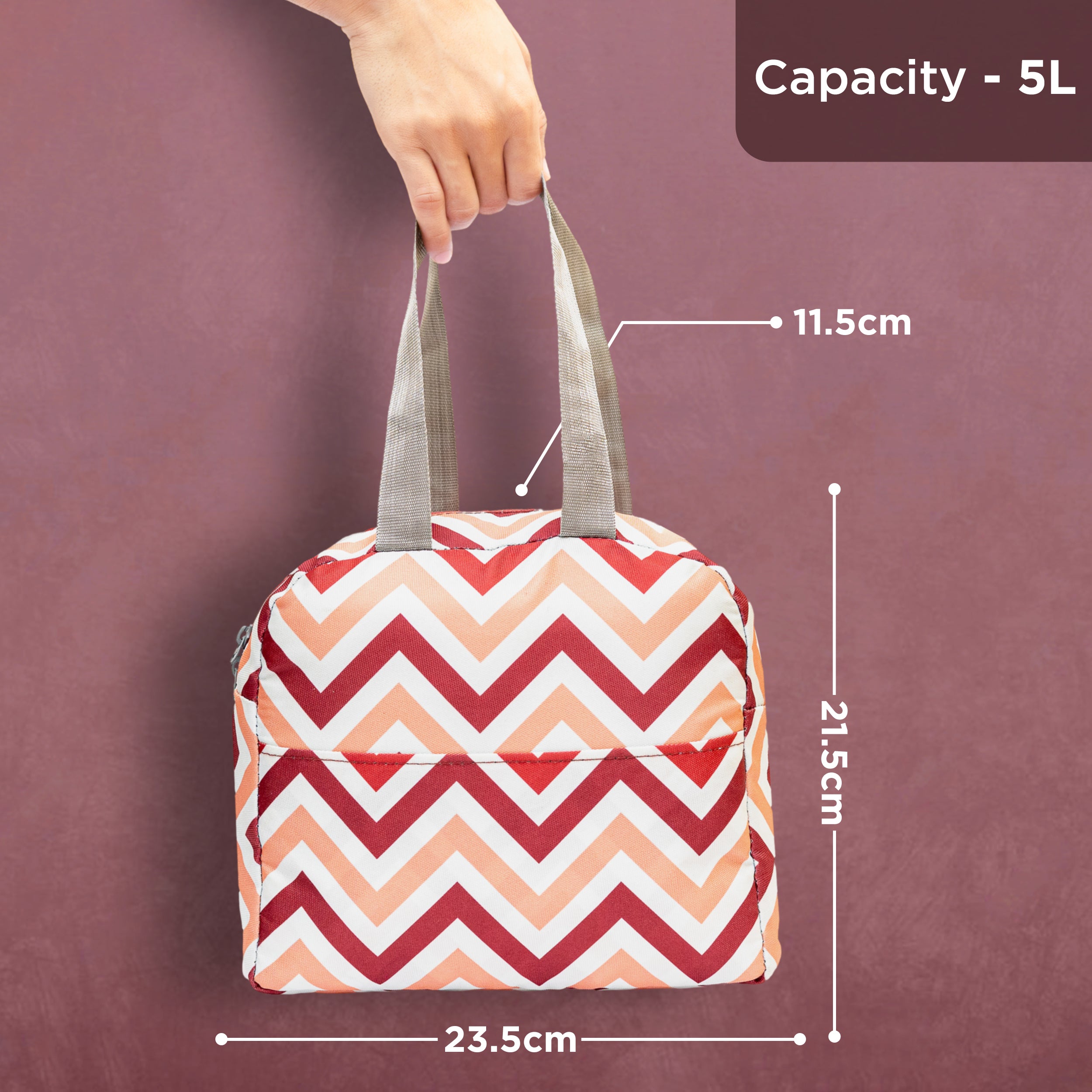Allo Lunch Bag for Office, School & College, Washable Unisex Tiffin Bag for Men, Women & Kids, Lightweight, Leakproof, Water and Dust Resistant Multipurpose Lunch Bag, 5 litres, Red Chevron