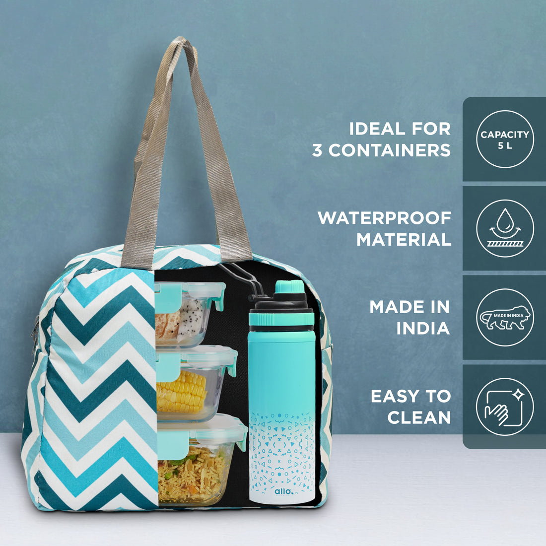Allo Lunch Bag for Office, School & College, Washable Unisex Tiffin Bag for Men, Women & Kids, Lightweight, Leakproof, Water and Dust Resistant Multipurpose Lunch Bag, 5 litres, Blue Chevron
