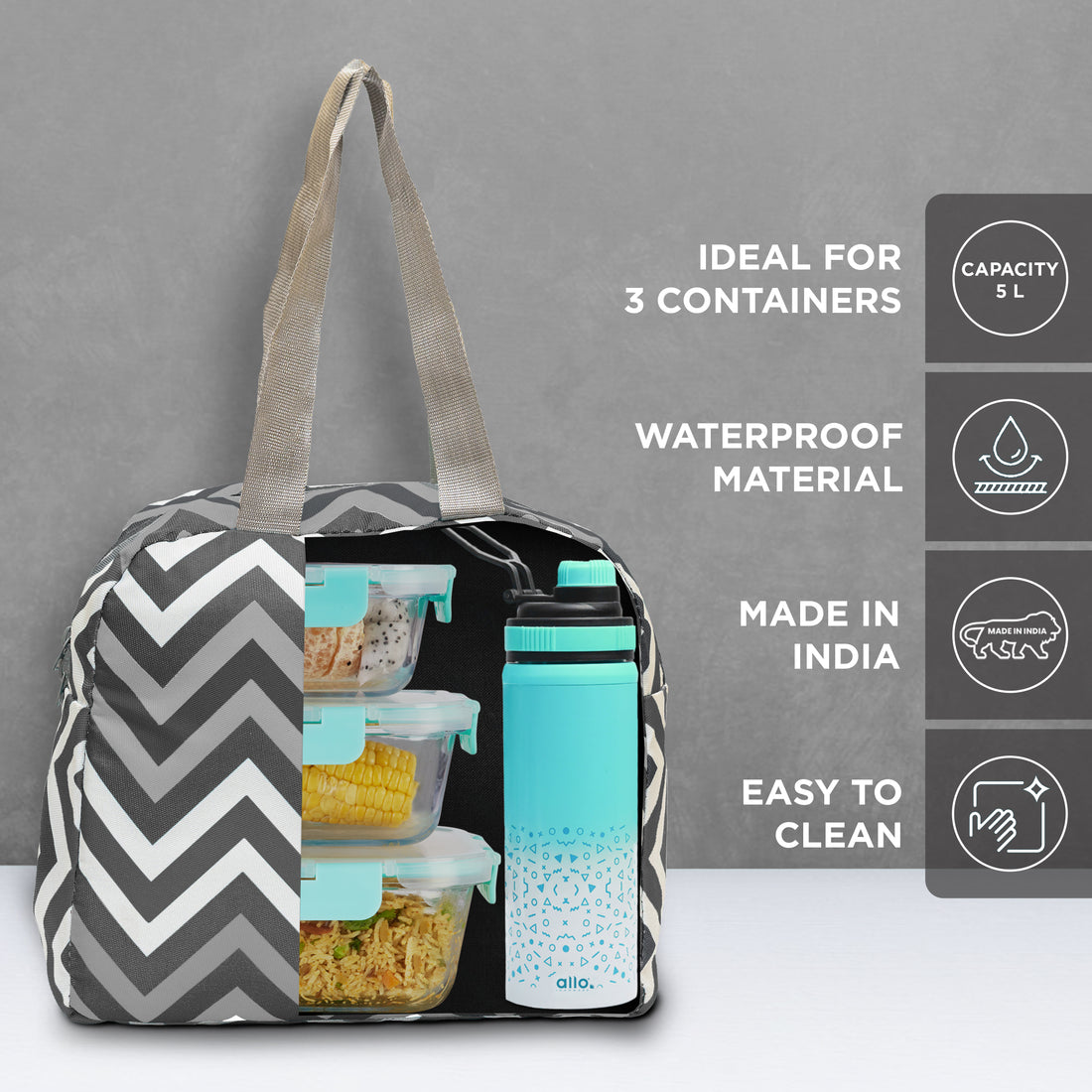 Allo Lunch Bag for Office, School & College, Washable Unisex Tiffin Bag for Men, Women & Kids, Lightweight, Leakproof, Water and Dust Resistant Multipurpose Lunch Bag, 5 litres, Grey Chevron