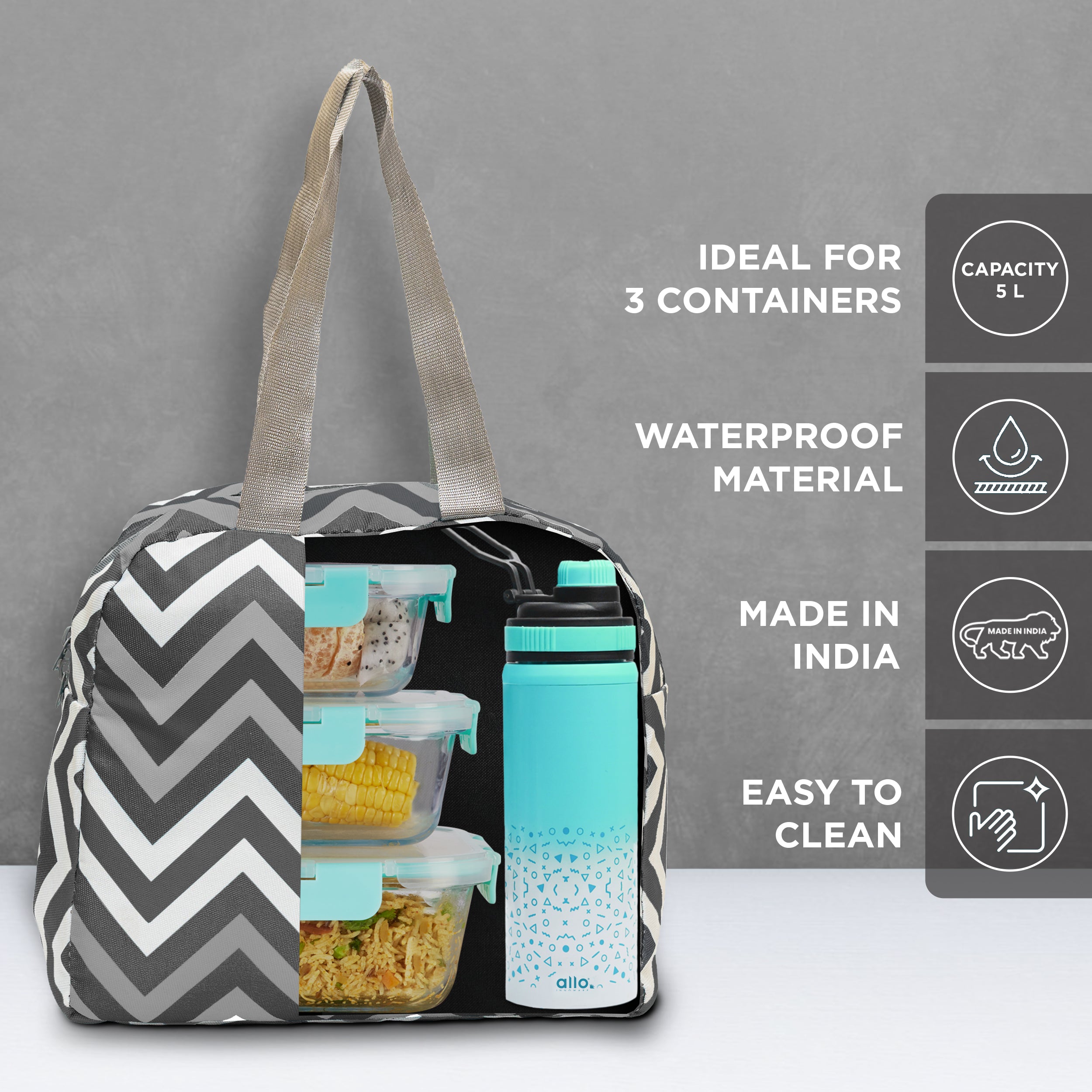 Allo Lunch Bag for Office, School & College, Washable Unisex Tiffin Bag for Men, Women & Kids, Lightweight, Leakproof, Water and Dust Resistant Multipurpose Lunch Bag, 5 litres, Grey Chevron