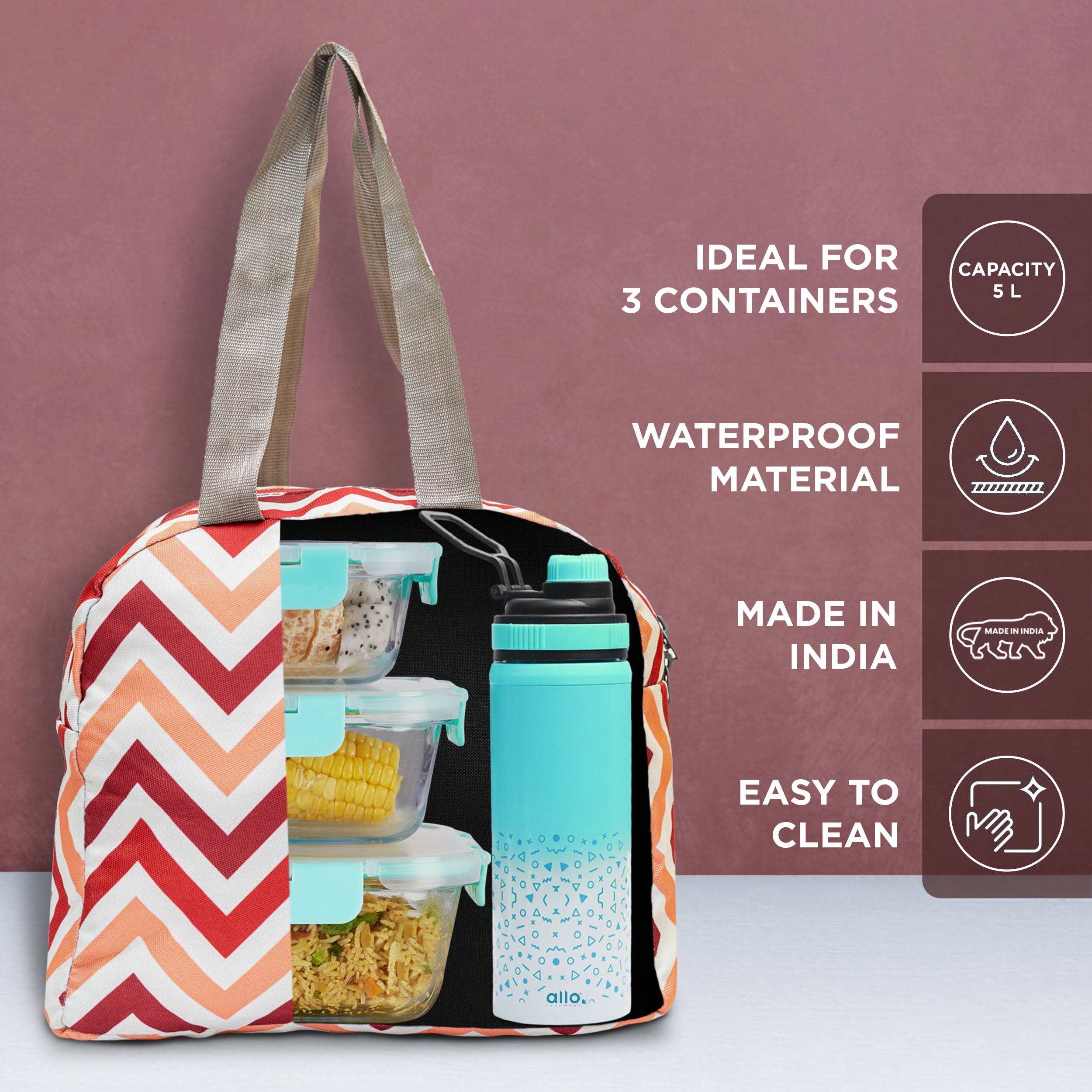 Allo Lunch Bag for Office, School & College, Washable Unisex Tiffin Bag for Men, Women & Kids, Lightweight, Leakproof, Water and Dust Resistant Multipurpose Lunch Bag, 5 litres, Red Chevron