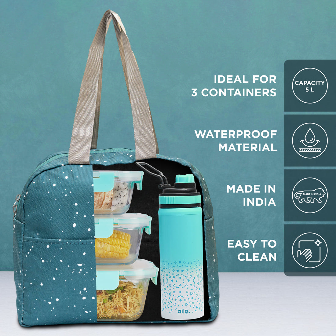 Allo Lunch Bag for Office, School & College, Washable Unisex Tiffin Bag for Men, Women & Kids, Lightweight, Leakproof, Water and Dust Resistant Multipurpose Lunch Bag, 5 litres, Teal Spalsh