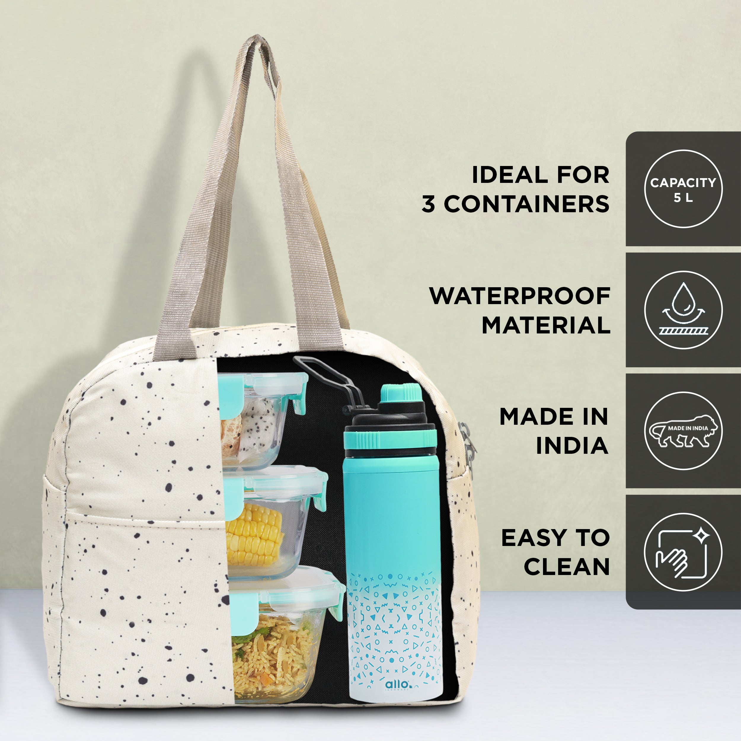 Allo Lunch Bag for Office, School & College, Washable Unisex Tiffin Bag for Men, Women & Kids, Lightweight, Leakproof, Water and Dust Resistant Multipurpose Lunch Bag, 5 litres, White Spalsh