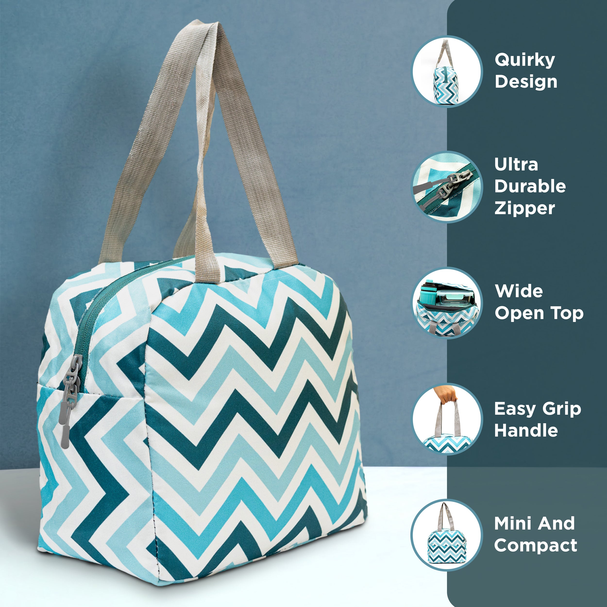 Allo Lunch Bag for Office, School & College, Washable Unisex Tiffin Bag for Men, Women & Kids, Lightweight, Leakproof, Water and Dust Resistant Multipurpose Lunch Bag, 5 litres, Blue Chevron