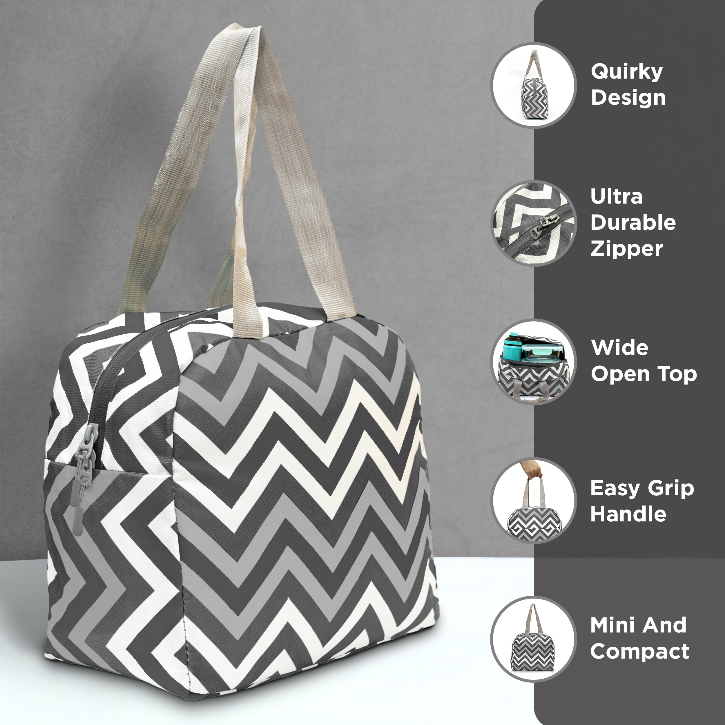 Allo Lunch Bag for Office, School & College, Washable Unisex Tiffin Bag for Men, Women & Kids, Lightweight, Leakproof, Water and Dust Resistant Multipurpose Lunch Bag, 5 litres, Grey Chevron
