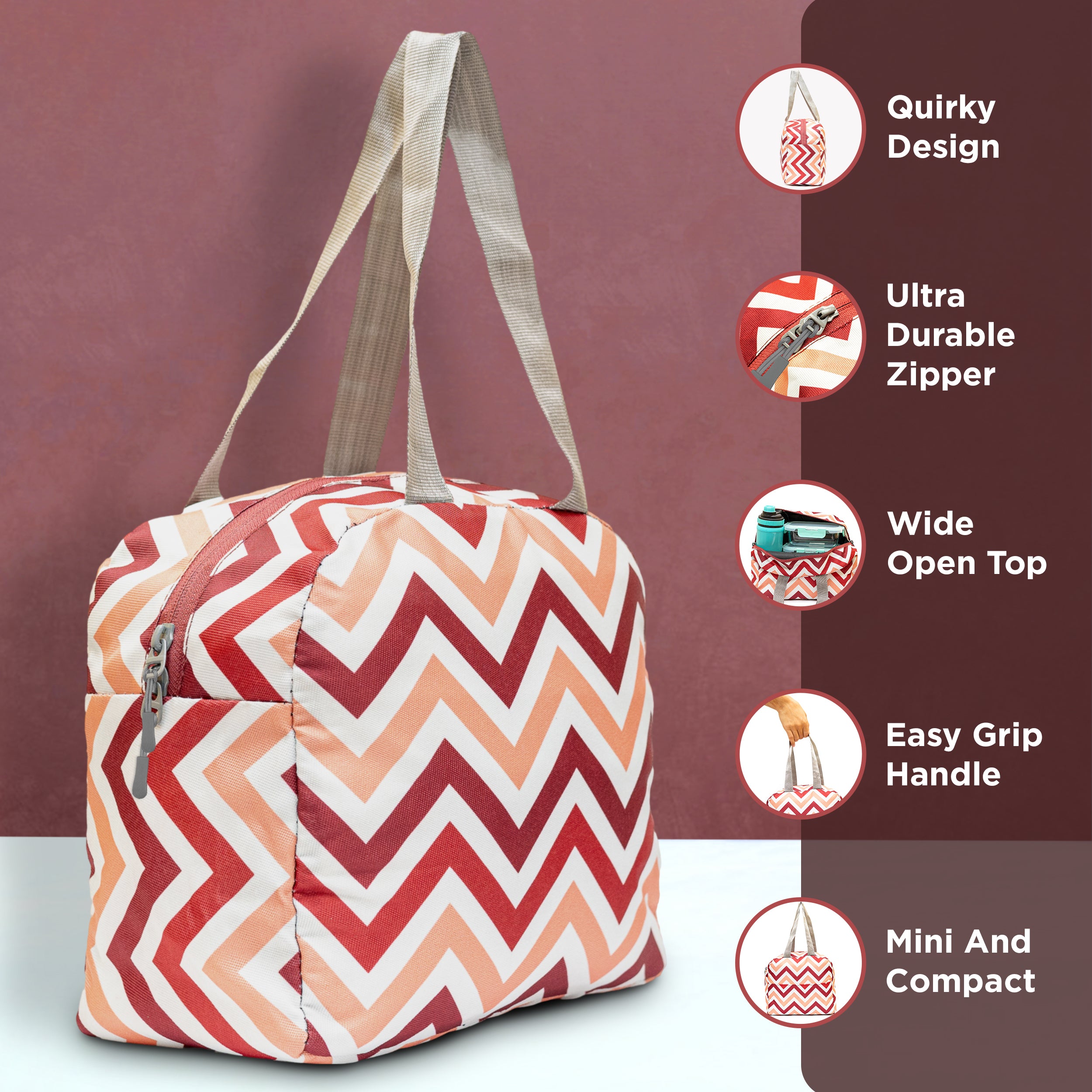 Allo Lunch Bag for Office, School & College, Washable Unisex Tiffin Bag for Men, Women & Kids, Lightweight, Leakproof, Water and Dust Resistant Multipurpose Lunch Bag, 5 litres, Red Chevron