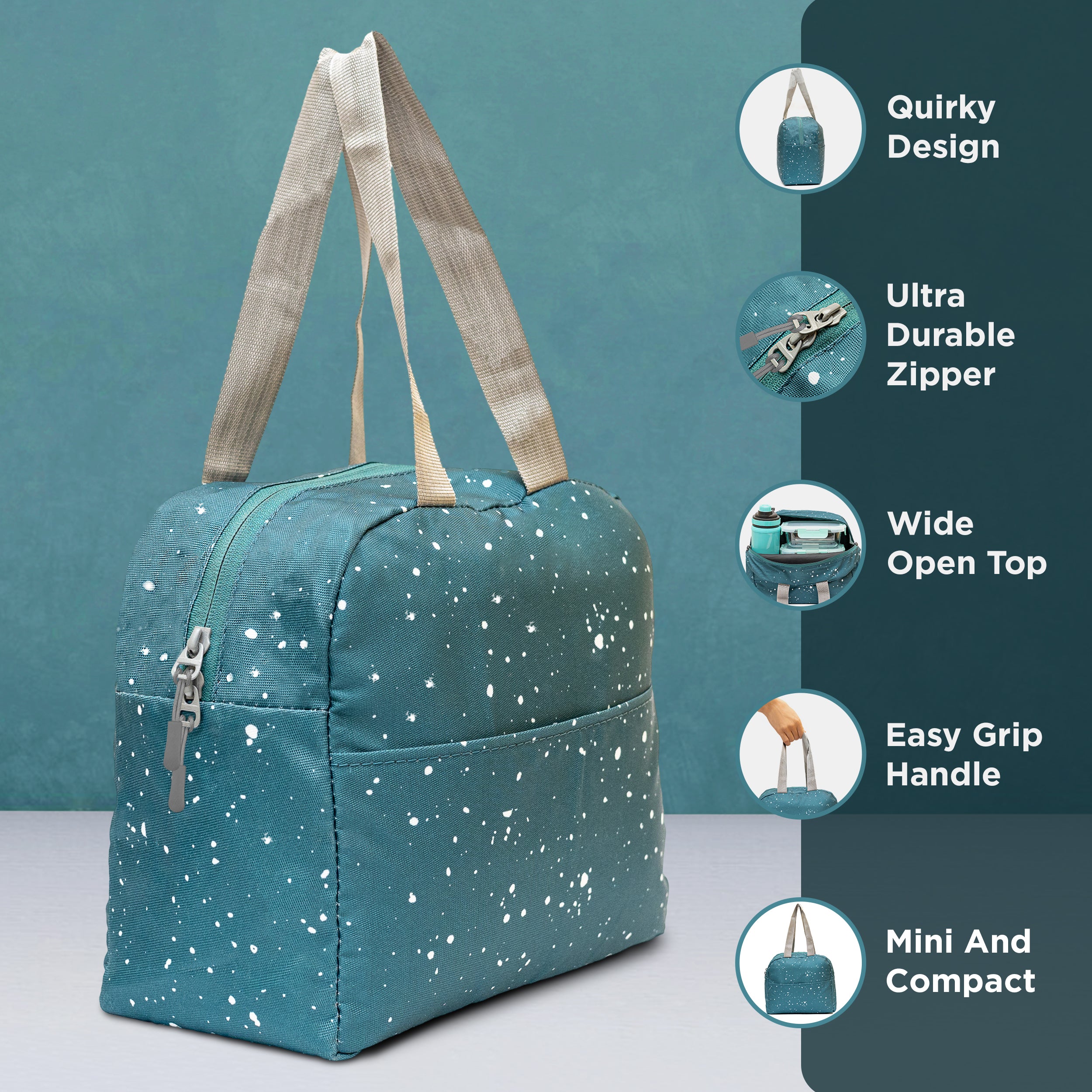 Allo Lunch Bag for Office, School & College, Washable Unisex Tiffin Bag for Men, Women & Kids, Lightweight, Leakproof, Water and Dust Resistant Multipurpose Lunch Bag, 5 litres, Teal Spalsh