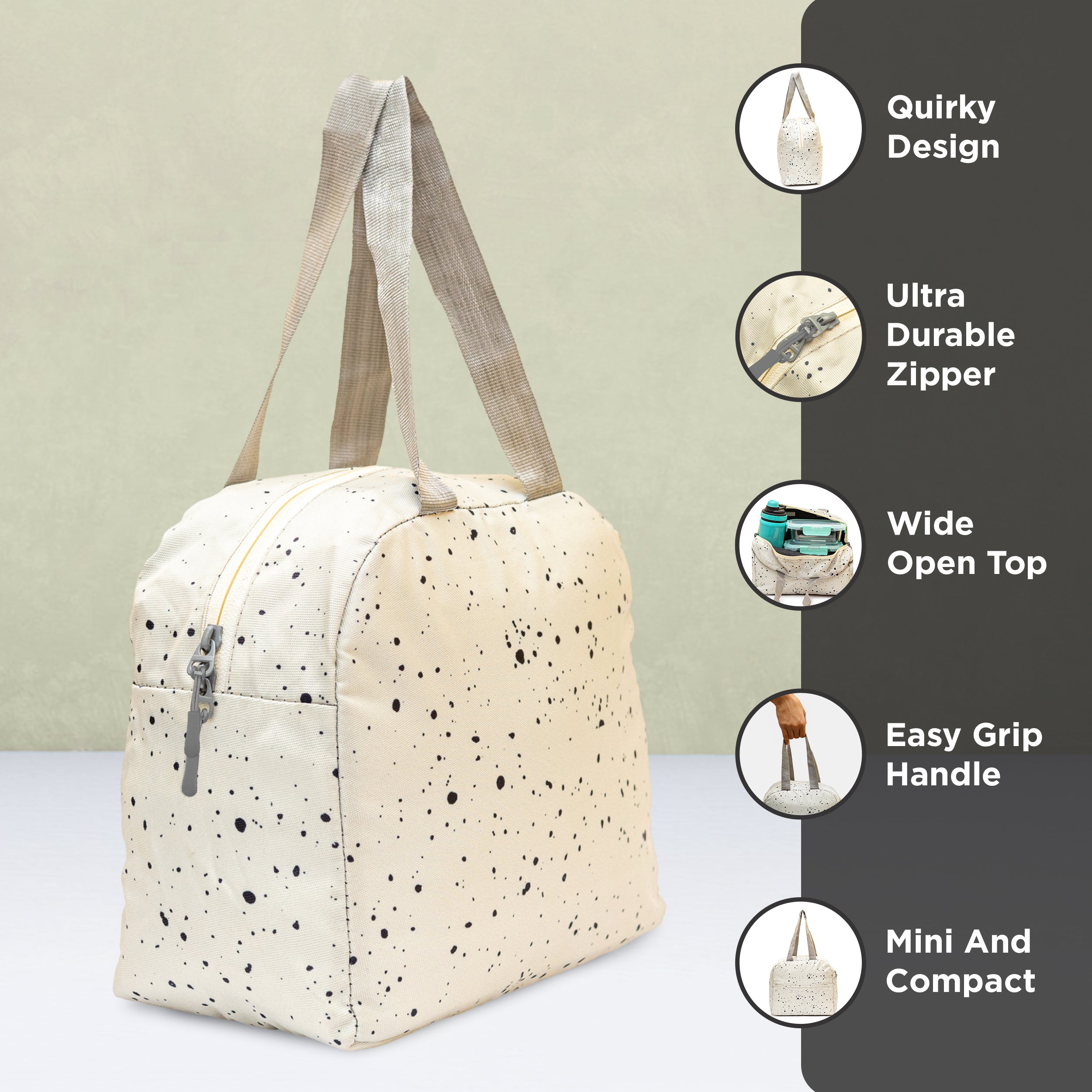 Allo Lunch Bag for Office, School & College, Washable Unisex Tiffin Bag for Men, Women & Kids, Lightweight, Leakproof, Water and Dust Resistant Multipurpose Lunch Bag, 5 litres, White Spalsh