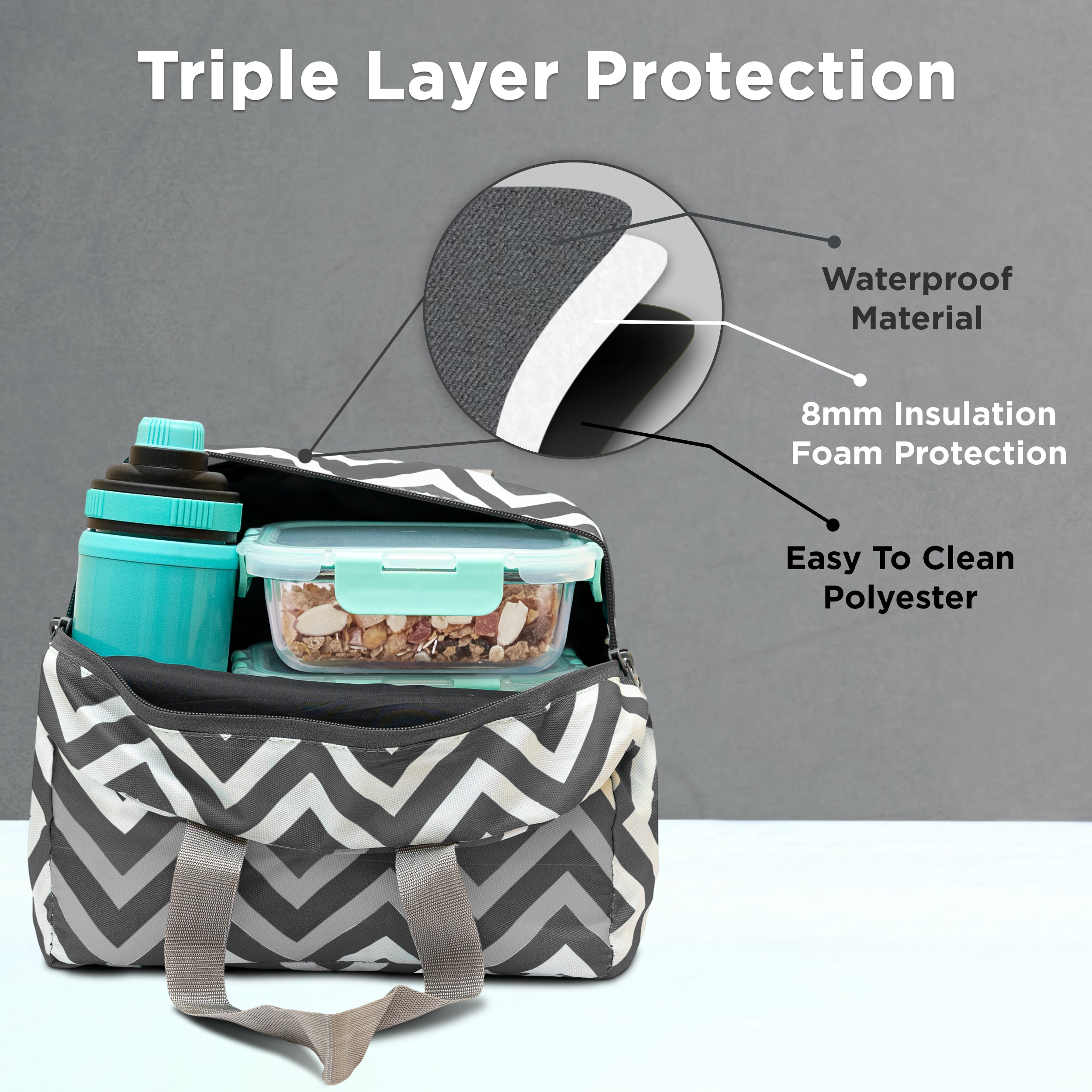Allo Lunch Bag for Office, School & College, Washable Unisex Tiffin Bag for Men, Women & Kids, Lightweight, Leakproof, Water and Dust Resistant Multipurpose Lunch Bag, 5 litres, Grey Chevron