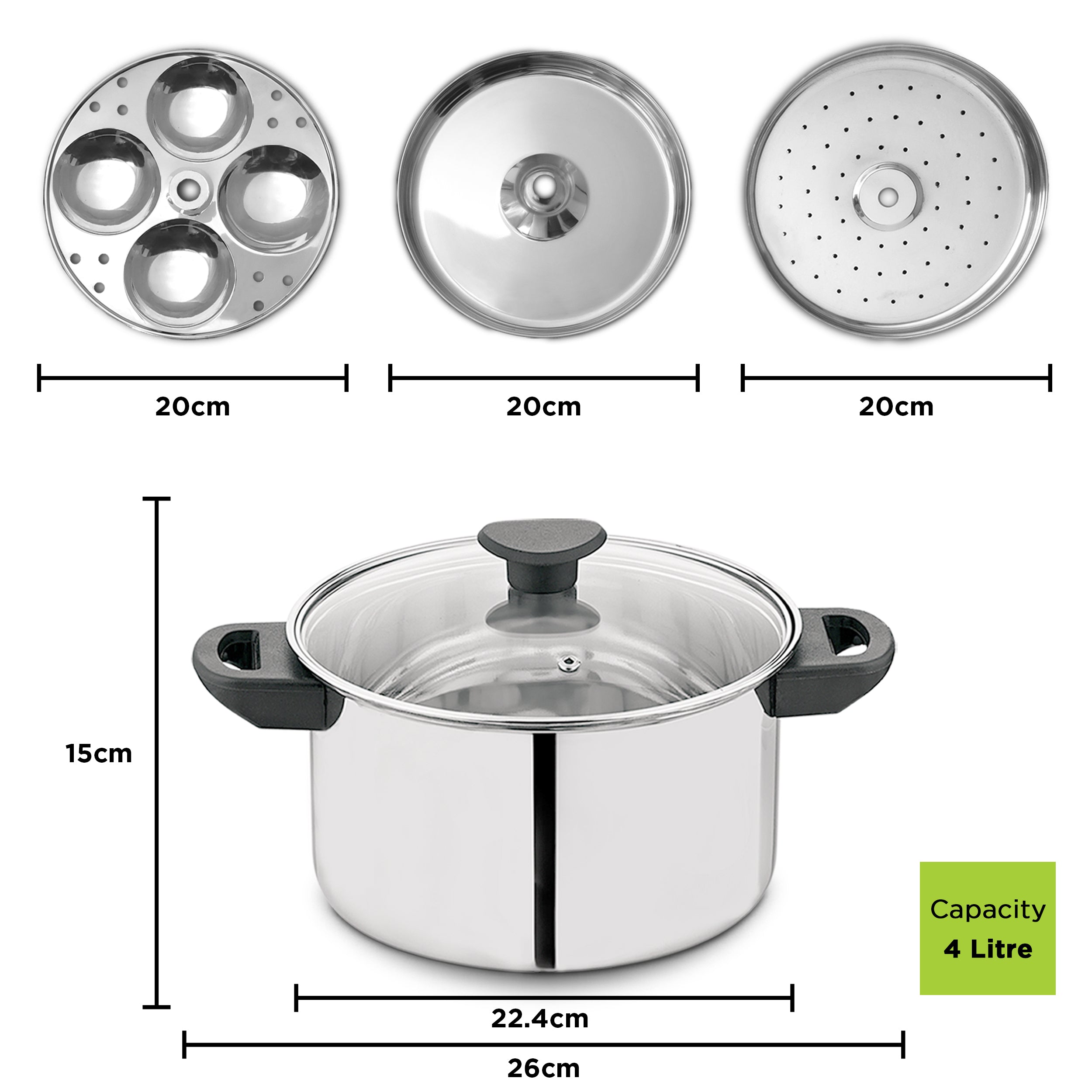 Allo 11pc Stainless Steel Idli Maker/Momo Maker/Dhokla Multi Purpose Kadai Set Large 8 Plate, 4 Idli, 2 Dhokla, 2 Steamer with Glass Lid and Patented Stand, Triply Induction Bottom, 26Cm, 4 Litre