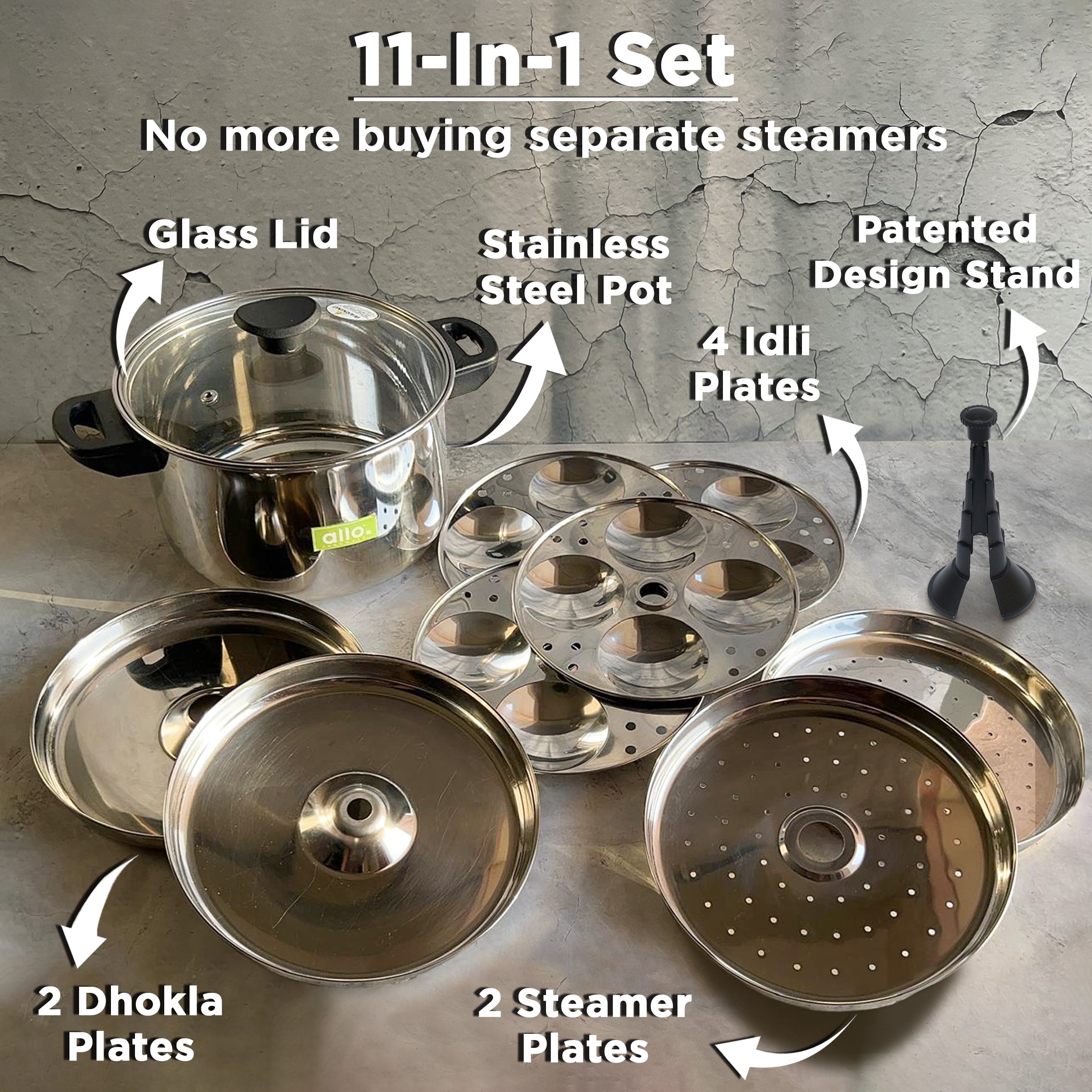 Allo 11pc Stainless Steel Idli Maker/Momo Maker/Dhokla Multi Purpose Kadai Set Large 8 Plate, 4 Idli, 2 Dhokla, 2 Steamer with Glass Lid and Patented Stand, Triply Induction Bottom, 26Cm, 4 Litre