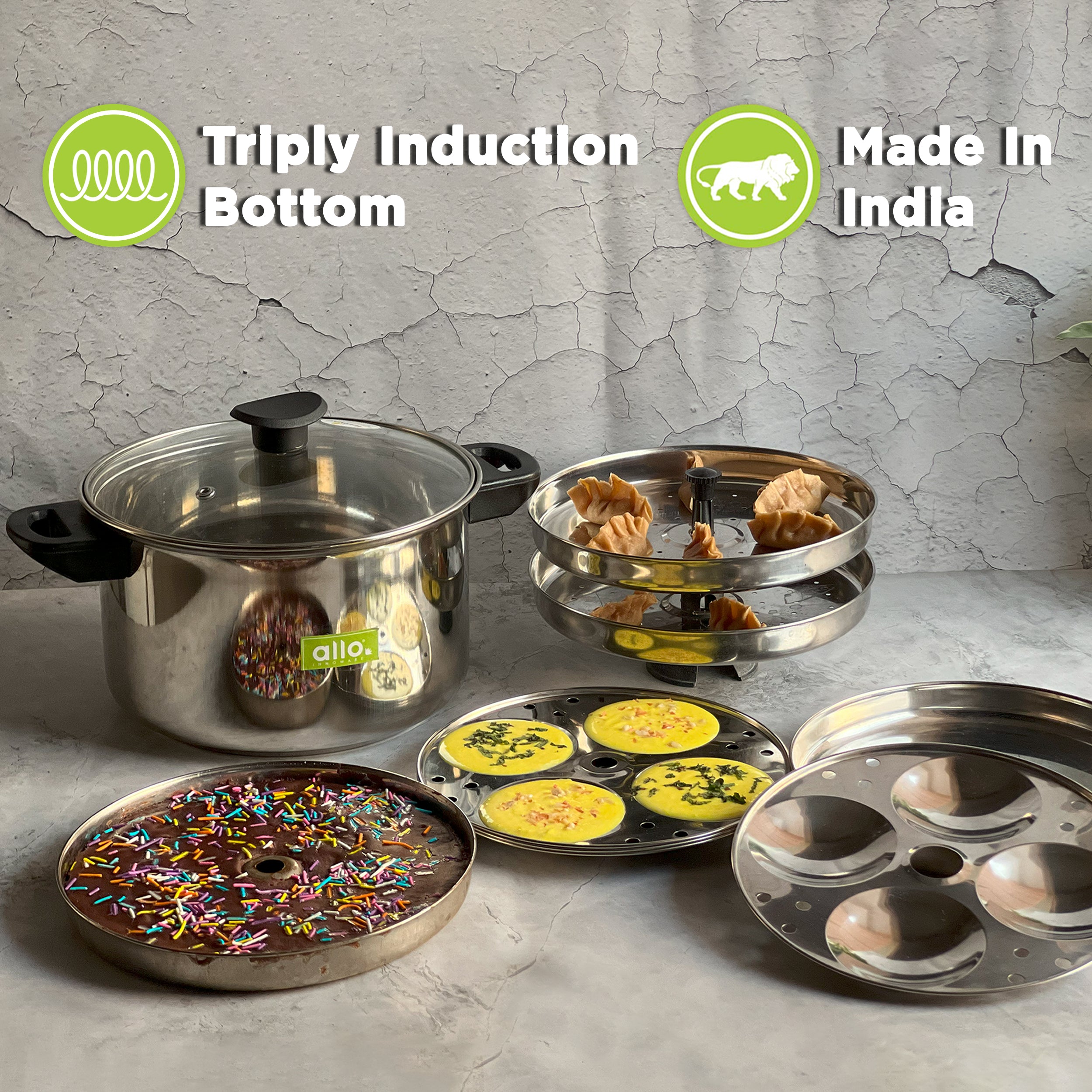 Allo 11pc Stainless Steel Idli Maker/Momo Maker/Dhokla Multi Purpose Kadai Set Large 8 Plate, 4 Idli, 2 Dhokla, 2 Steamer with Glass Lid and Patented Stand, Triply Induction Bottom, 26Cm, 4 Litre