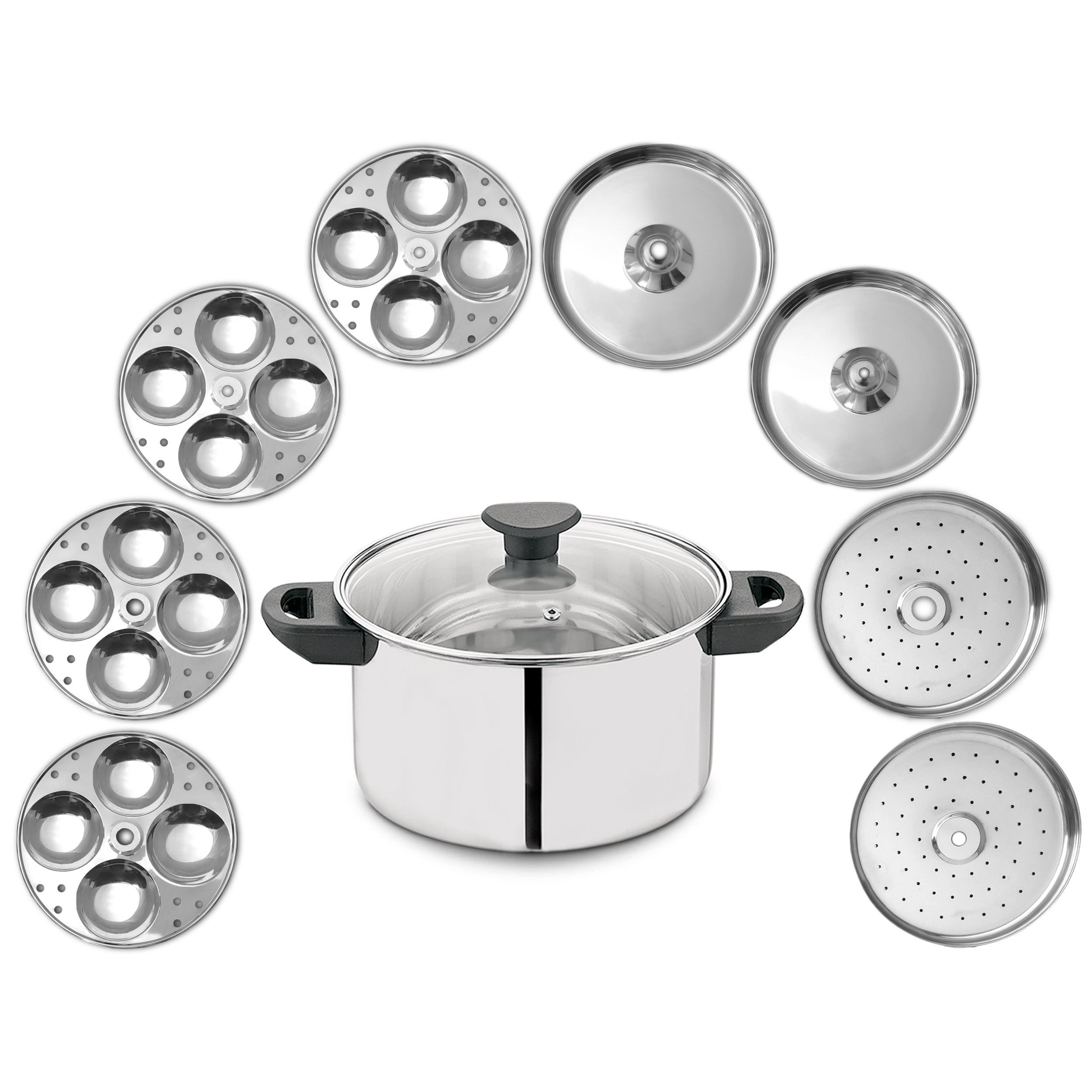Allo 11pc Stainless Steel Idli Maker/Momo Maker/Dhokla Multi Purpose Kadai Set Large 8 Plate, 4 Idli, 2 Dhokla, 2 Steamer with Glass Lid and Patented Stand, Triply Induction Bottom, 26Cm, 4 Litre