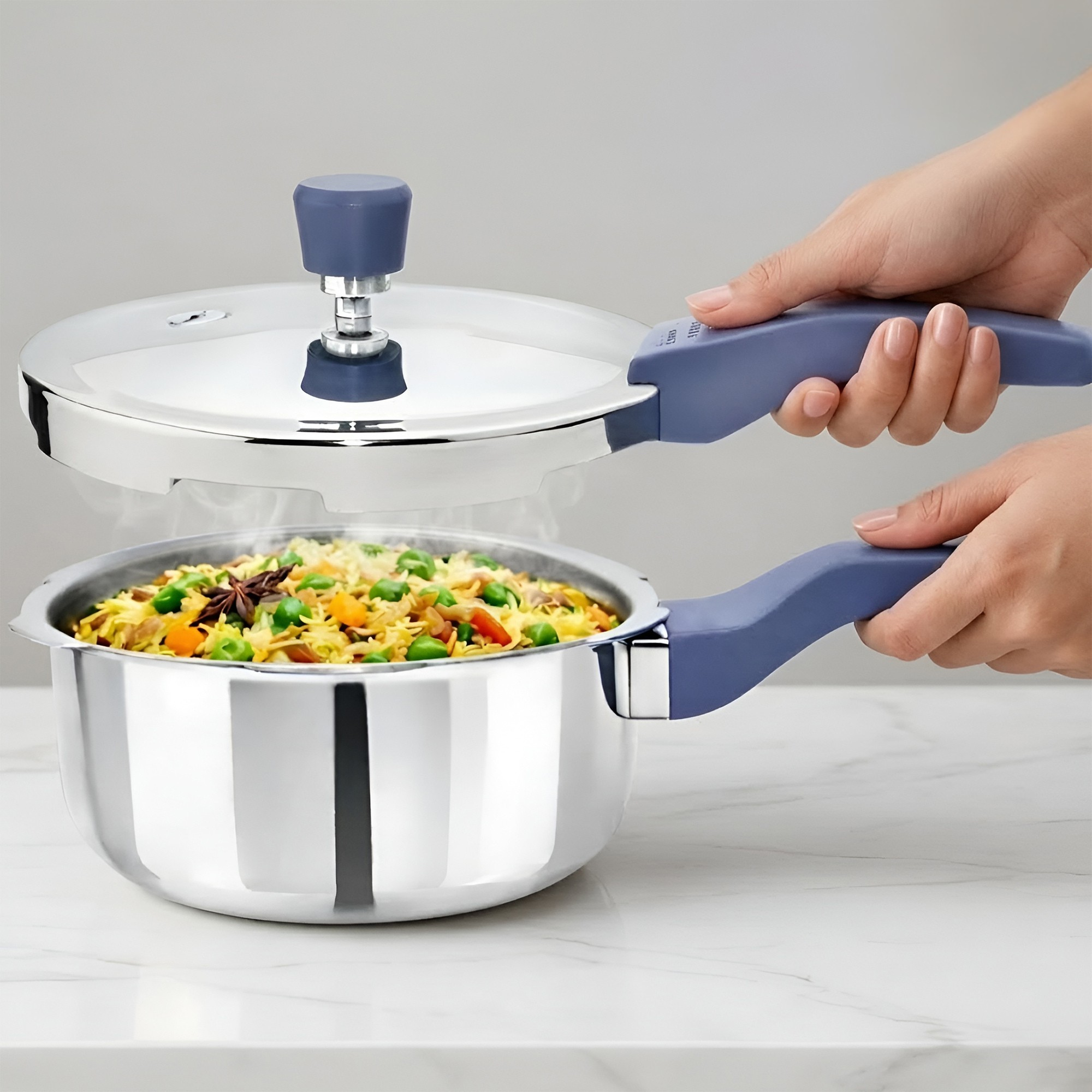 Allo CookSafe 2 Litre Triply Stainless Steel Pressure Cooker, Naturally Non-Stick Outer Lid Pressure Cooker, Healthy Cooking, Gas and Induction Friendly, ISI Certified, 10 Year Warranty, Slate Blue