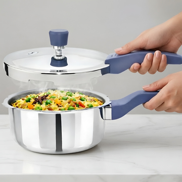 Allo CookSafe 2 Litre Triply Stainless Steel Pressure Cooker, Naturally Non-Stick Outer Lid Pressure Cooker, Healthy Cooking, Gas and Induction Friendly, ISI Certified, 10 Year Warranty, Slate Blue