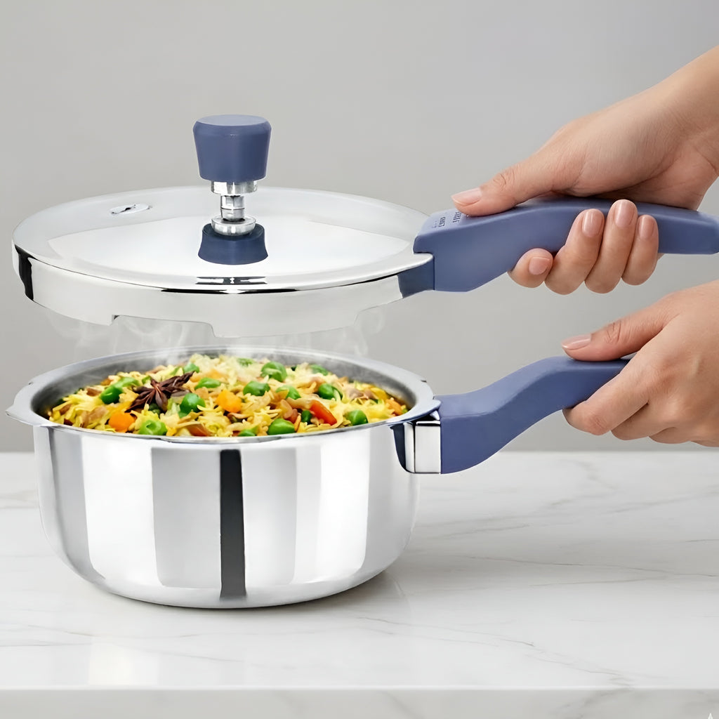 Allo CookSafe 2 Litre Triply Stainless Steel Pressure Cooker, Naturally Non-Stick Outer Lid Pressure Cooker, Healthy Cooking, Gas and Induction Friendly, ISI Certified, 10 Year Warranty, Slate Blue