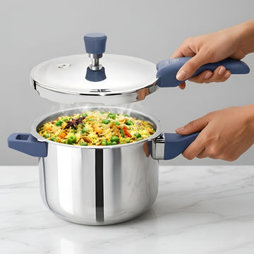 Allo CookSafe 5 Litre Triply Stainless Steel Pressure Cooker, Naturally Non-Stick Outer Lid Pressure Cooker, Healthy Cooking, Gas and Induction Friendly, ISI Certified, 10 Year Warranty, Slate Blue