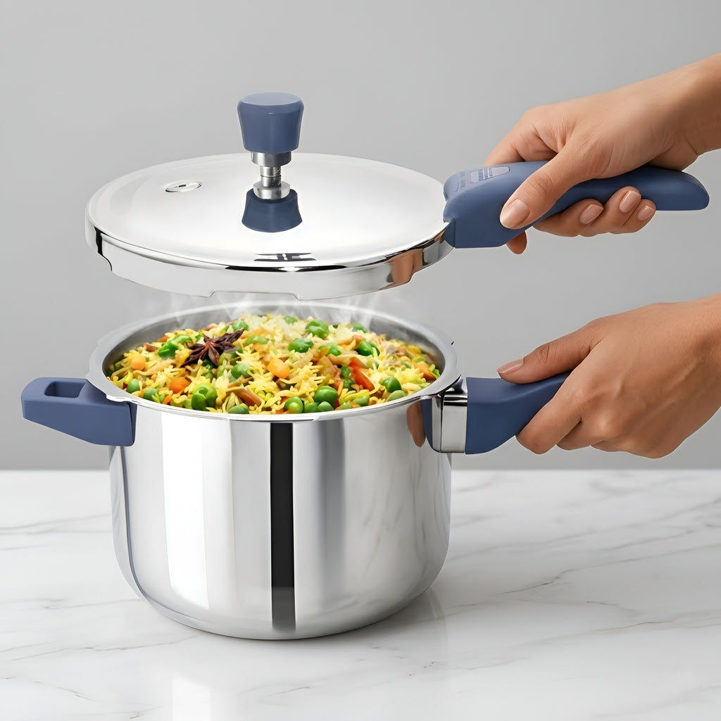 Allo CookSafe 5 Litre Triply Stainless Steel Pressure Cooker, Naturally Non-Stick Outer Lid Pressure Cooker, Healthy Cooking, Gas and Induction Friendly, ISI Certified, 10 Year Warranty, Slate Blue