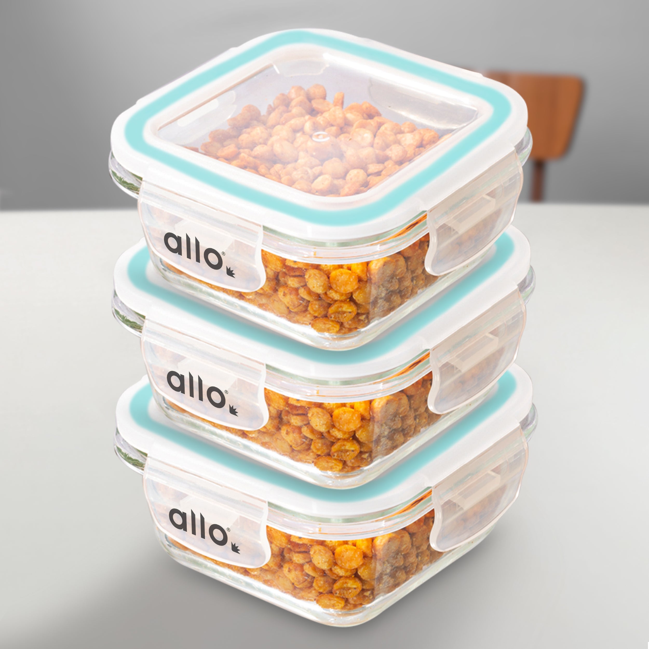 Allo Food Safe Glass Containers with Lids, 450°C Oven Microwave Safe Containers, High Borosilicate Meal Prep Glass Food Storage Containers for Kitchen, 320ml x 3, square