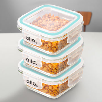 Allo Food Safe Glass Containers with Lids, 450°C Oven Microwave Safe Containers, High Borosilicate Meal Prep Glass Food Storage Containers for Kitchen, 320ml x 3, square
