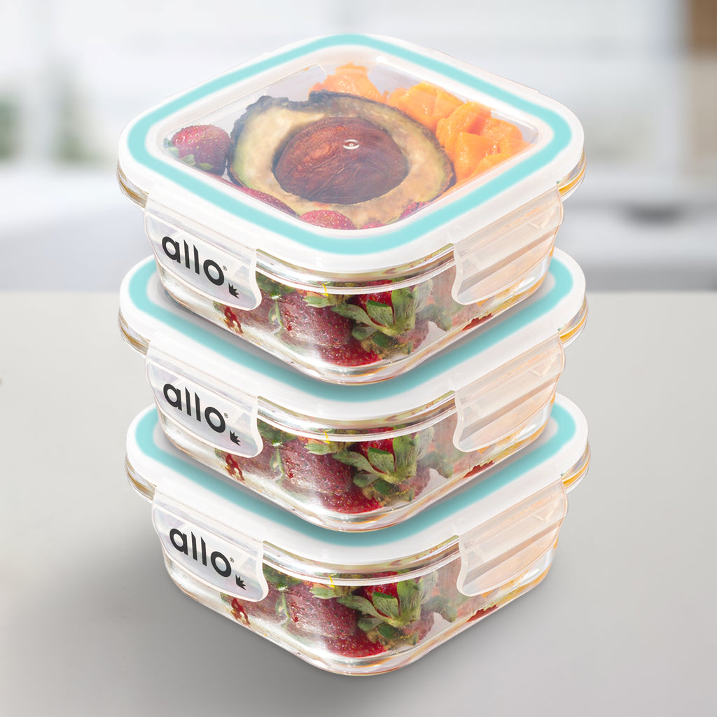 Allo Food Safe Glass Containers with Lids, 450°C Oven Microwave Safe Containers, High Borosilicate Meal Prep Glass Food Storage Containers for Kitchen, 550ml x 3, square