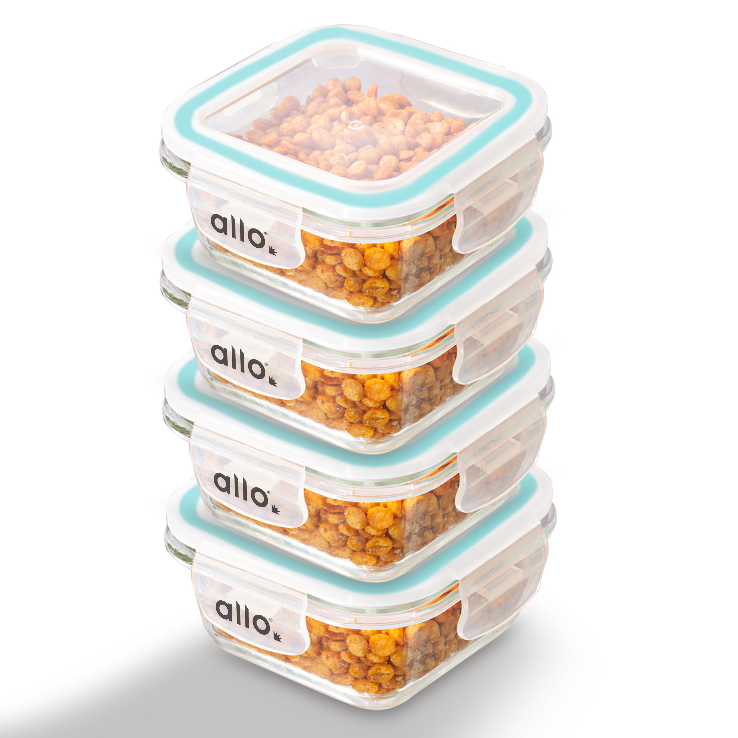 Allo Food Safe Glass Containers with Lids, 450°C Oven Microwave Safe Containers, High Borosilicate Meal Prep Glass Food Storage Containers for Kitchen, 320ml x 4, square
