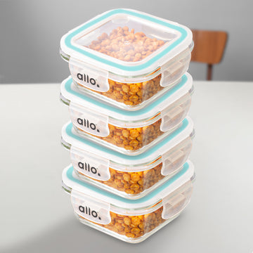 Allo Food Safe Glass Containers with Lids, 450°C Oven Microwave Safe Containers, High Borosilicate Meal Prep Glass Food Storage Containers for Kitchen, 320ml x 4, square