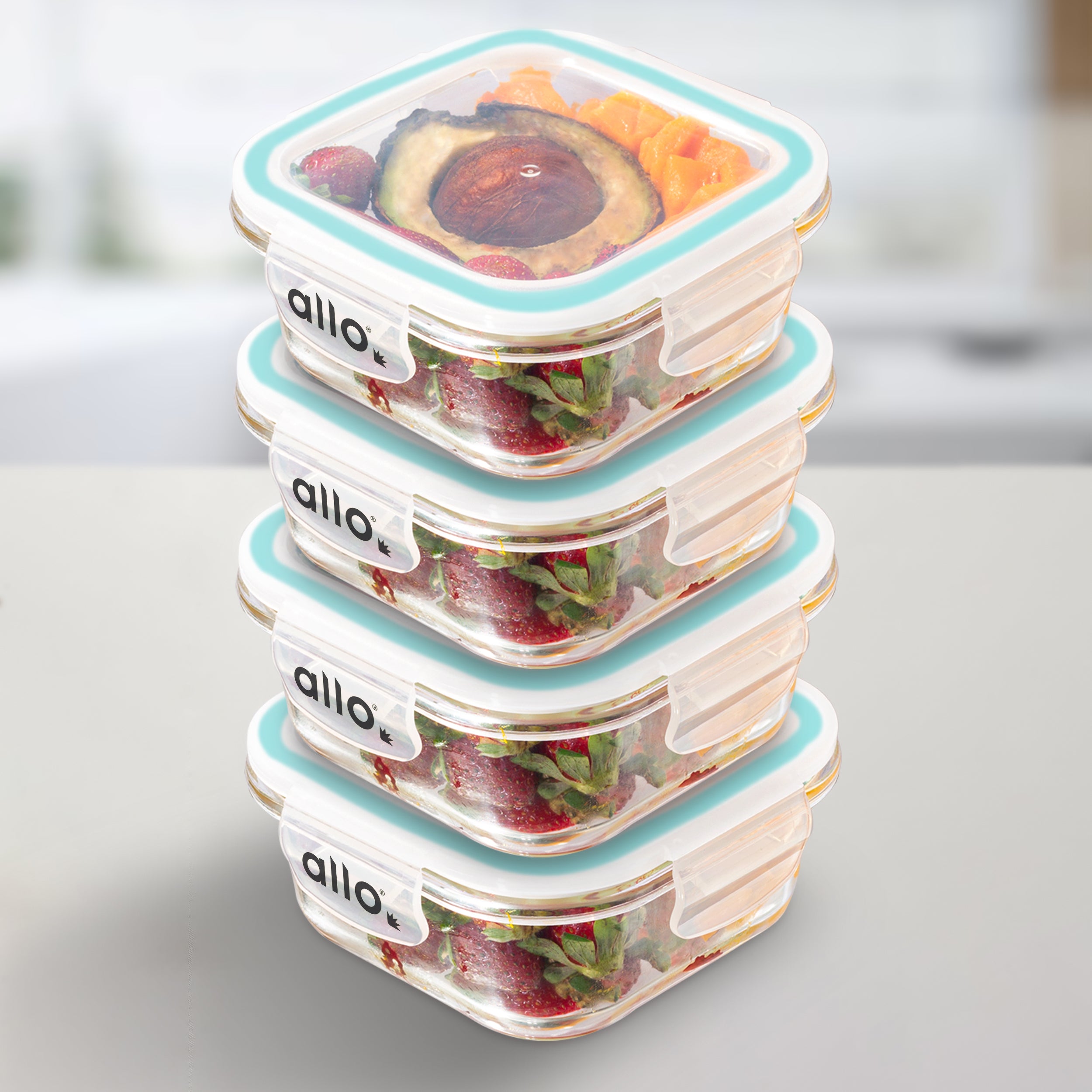 Allo Food Safe Glass Containers with Lids, 450°C Oven Microwave Safe Containers, High Borosilicate Meal Prep Glass Food Storage Containers for Kitchen, 550ml x 4, square