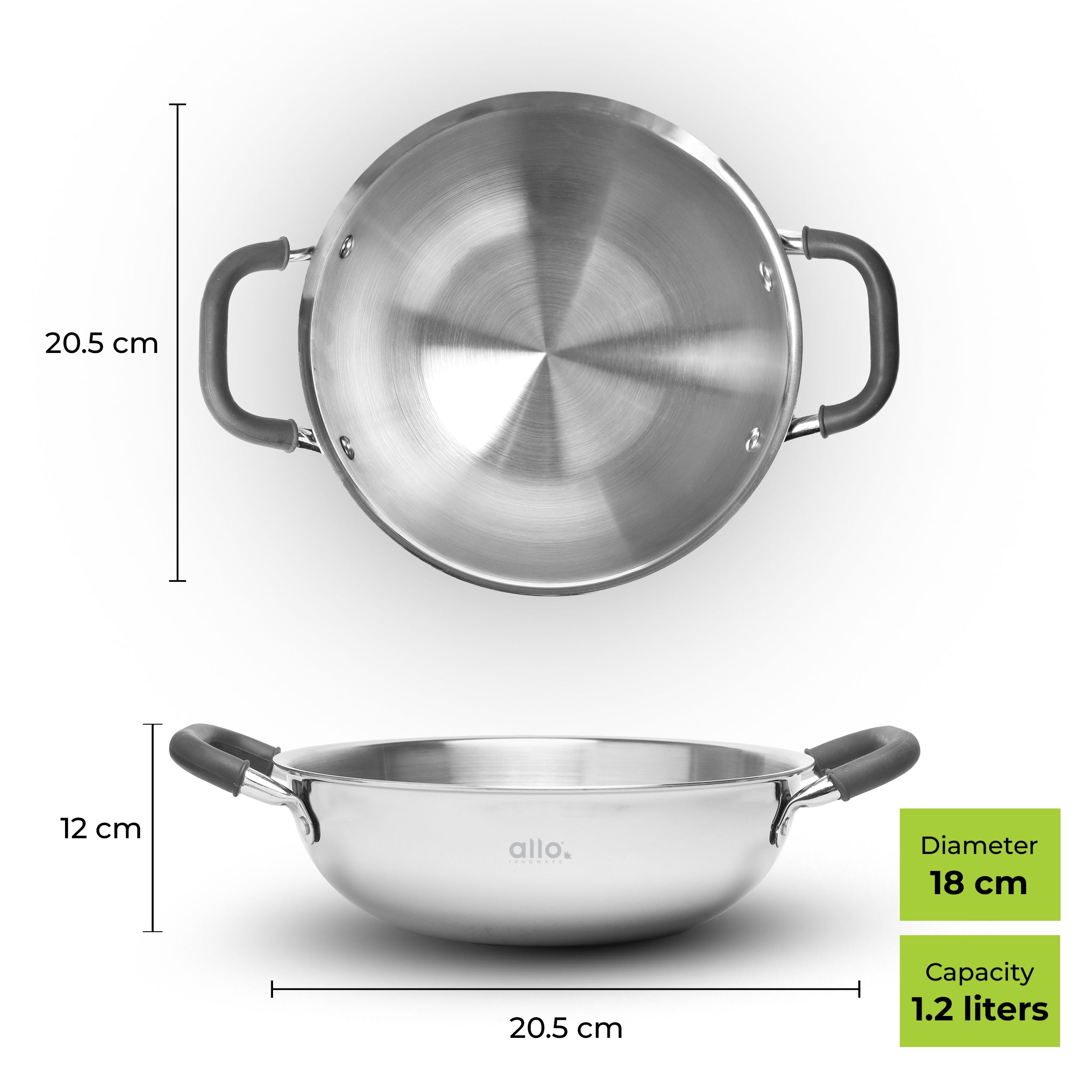 Allo Triply Stainless Steel Kadhai with Handles|Perfect Kadhai for Curry/Stir-Fry/Deep-Fry/DryVeg/Sauté Induction Friendly Naturally Non-Stick  | 10 Years Warranty, 18cm, 1.2 litres Without lid