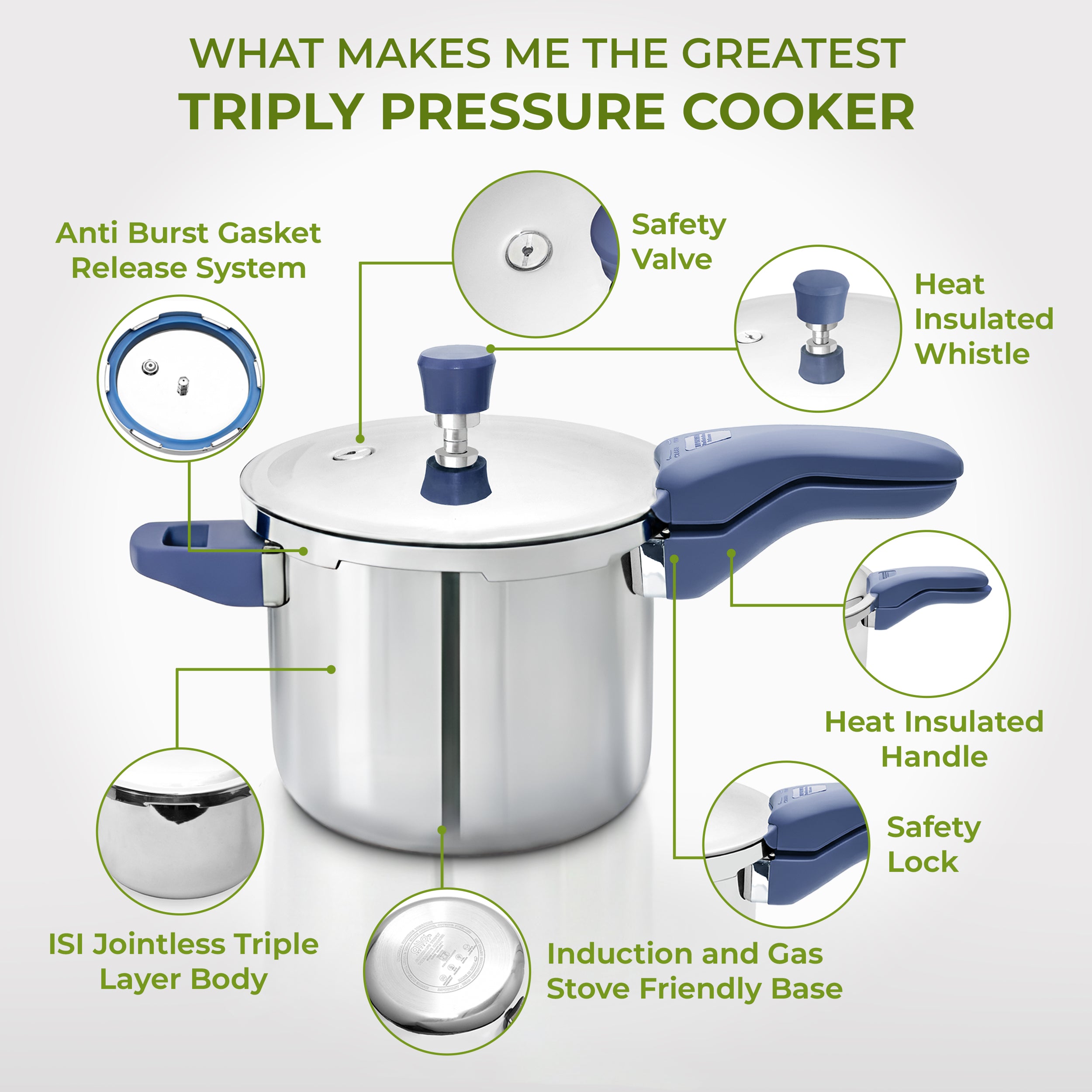 Allo CookSafe Triply Stainless Steel Pressure Cooker, 3 Litre, Outer Lid Pressure Cooker, Faster and Even Heating, Healthy Cooking, Easy to Clean, Full Induction Bottom and Gas Stove Ready
