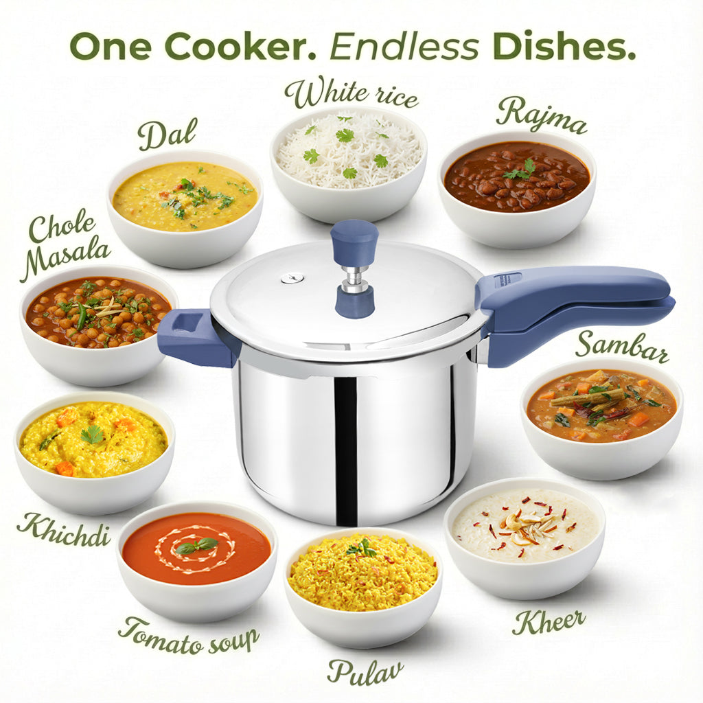 Allo CookSafe 5 Litre Triply Stainless Steel Pressure Cooker, Naturally Non-Stick Outer Lid Pressure Cooker, Healthy Cooking, Gas and Induction Friendly, ISI Certified, 10 Year Warranty, Slate Blue