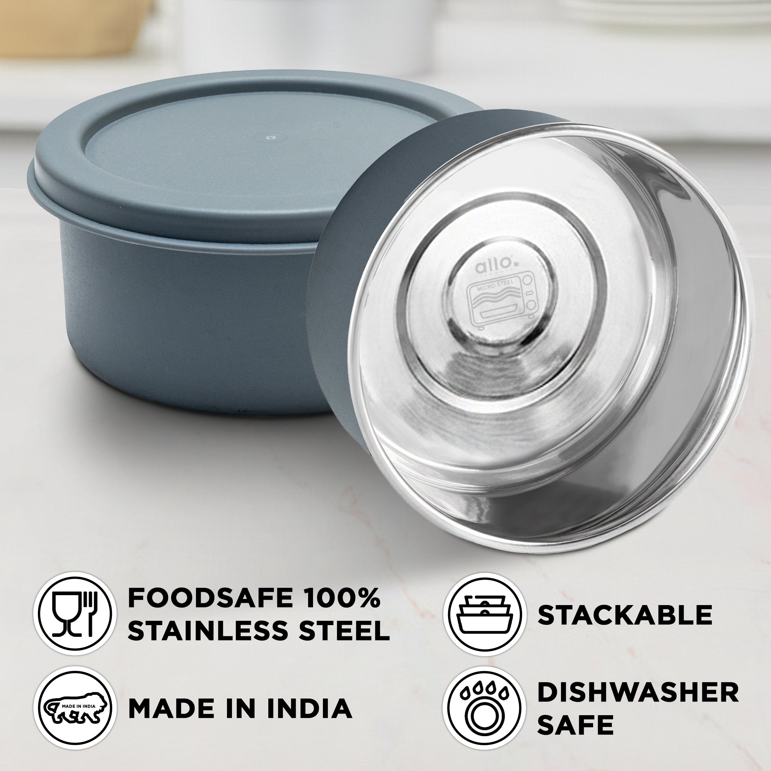 Allo Microwave Safe Steel Lunch Box for Office with Bag for Men and Women, Air Tight & Leak Proof Stainless Steel Tiffin for Office, School, College, Set of 5 with Bag