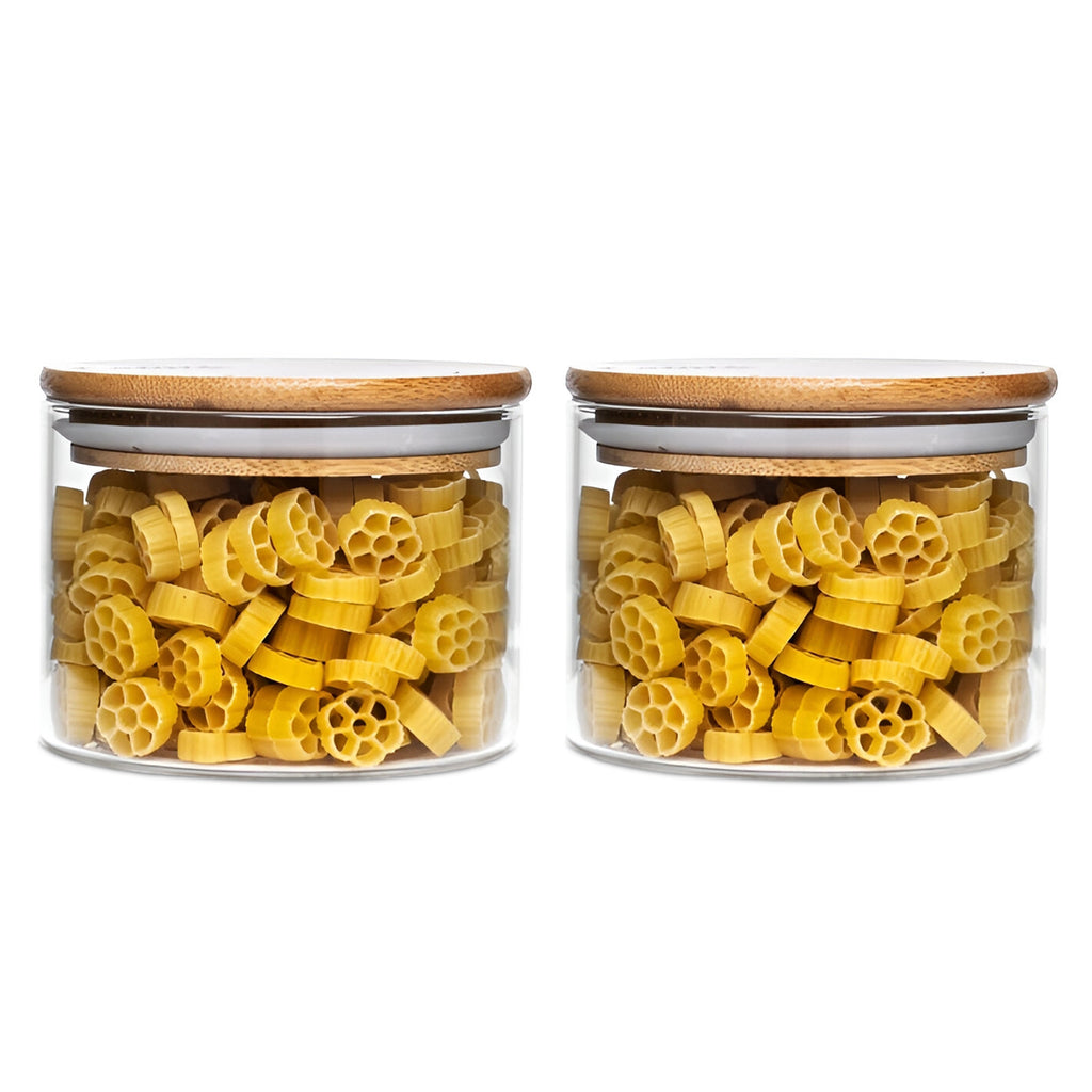 Allo 220ML Kitchen Storage Box Glass Jars With Wooden Lids - Borosilicate Glass Food Storage Containers Airtight Glass Jar For Tea, Coffee, Spice, Pulses, Masala (Round Glass Jar - Set of 2)
