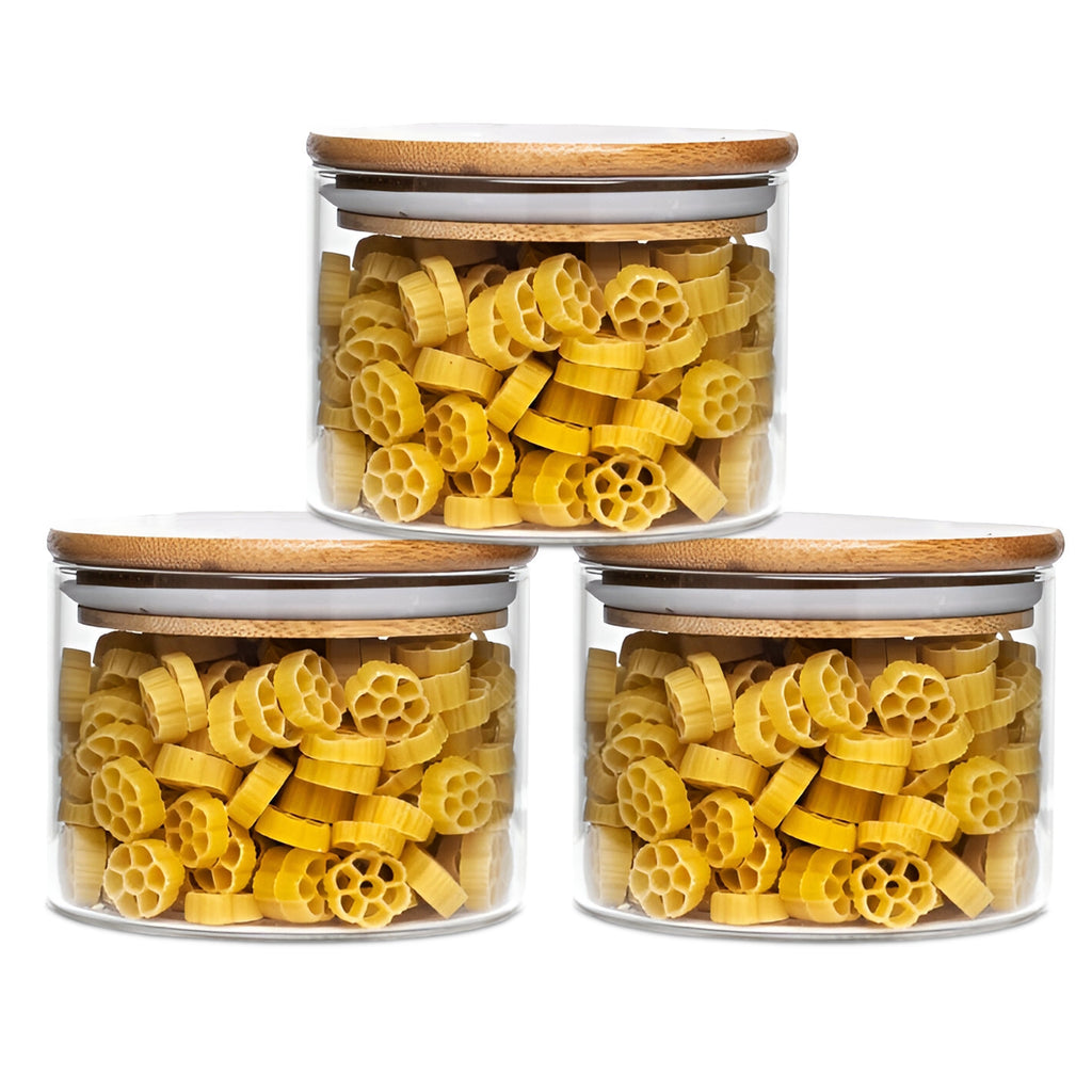 Allo 220ML Kitchen Storage Box Glass Jars With Wooden Lids - Borosilicate Glass Food Storage Containers Airtight Glass Jar For Tea, Coffee, Spice, Pulses, Masala (Round Glass Jar - Set of 3)