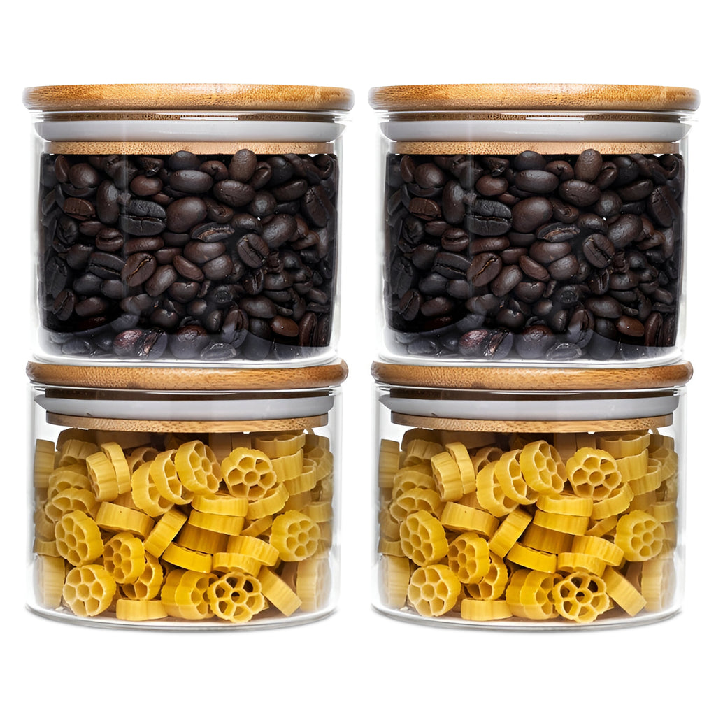 Allo 220ML Kitchen Storage Box Glass Jars With Wooden Lids - Borosilicate Glass Food Storage Containers Airtight Glass Jar For Tea, Coffee, Spice, Pulses, Masala (Round Glass Jar - Set of 4)