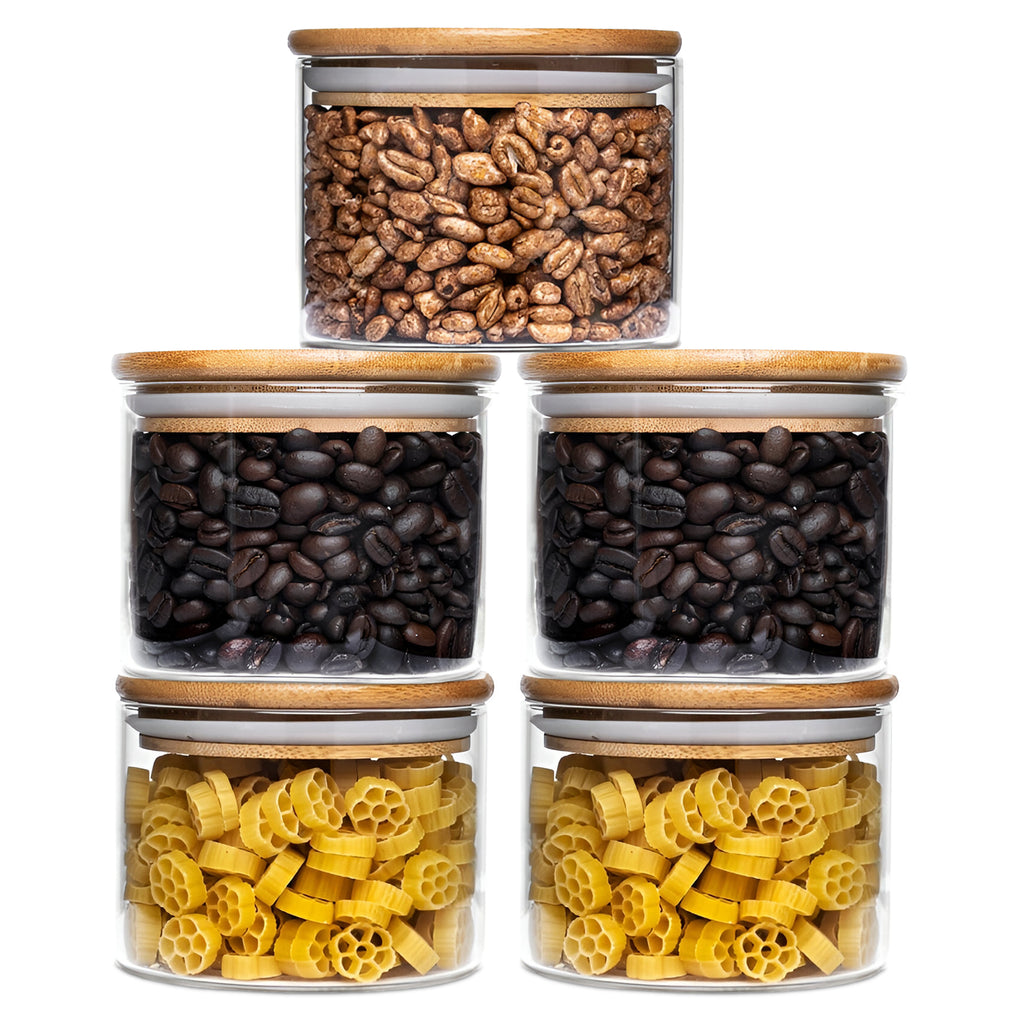 Allo 220ML Kitchen Storage Box Glass Jars With Wooden Lids - Borosilicate Glass Food Storage Containers Airtight Glass Jar For Tea, Coffee, Spice, Pulses, Masala (Round Glass Jar - Set of 5)