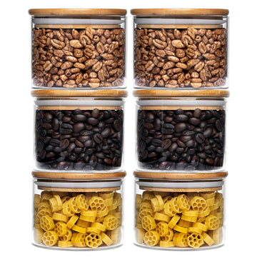 Allo 220ML Kitchen Storage Box Glass Jars With Wooden Lids - Borosilicate Glass Food Storage Containers Airtight Glass Jar For Tea, Coffee, Spice, Pulses, Masala (Round Glass Jar - Set of 6)